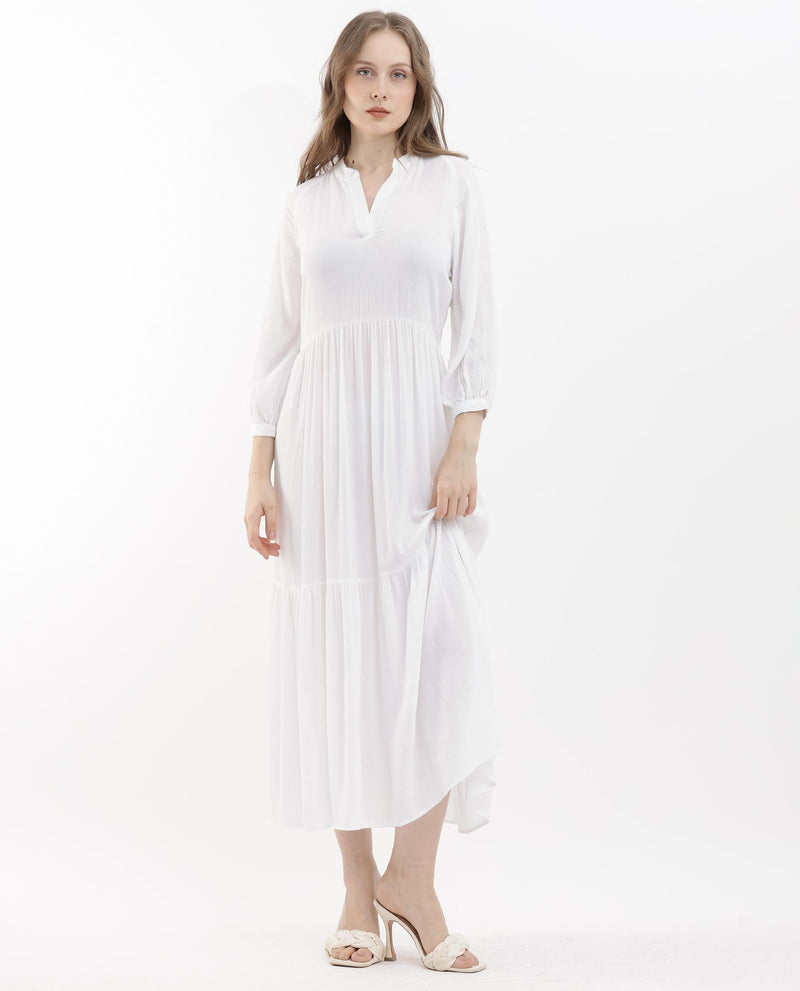 Rareism Women Miltry Light White Viscose Fabric Full Sleeves Mandarin Collar Raglan Sleeve Fit And Flare Plain Maxi Dress