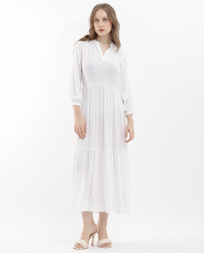 Rareism Women Miltry Light White Viscose Fabric Full Sleeves Mandarin Collar Raglan Sleeve Fit And Flare Plain Maxi Dress