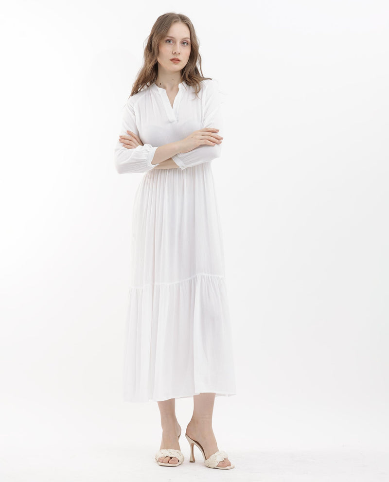 Rareism Women Miltry Light White Viscose Fabric Full Sleeves Mandarin Collar Raglan Sleeve Fit And Flare Plain Maxi Dress