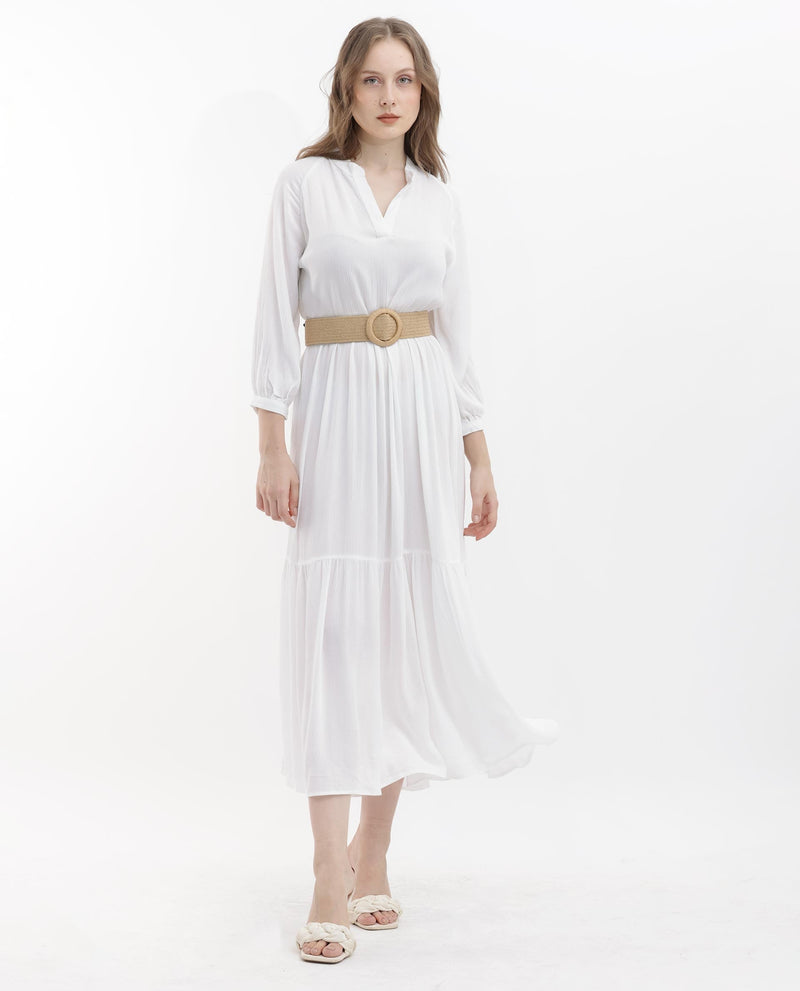 Rareism Women Miltry Light White Viscose Fabric Full Sleeves Mandarin Collar Raglan Sleeve Fit And Flare Plain Maxi Dress