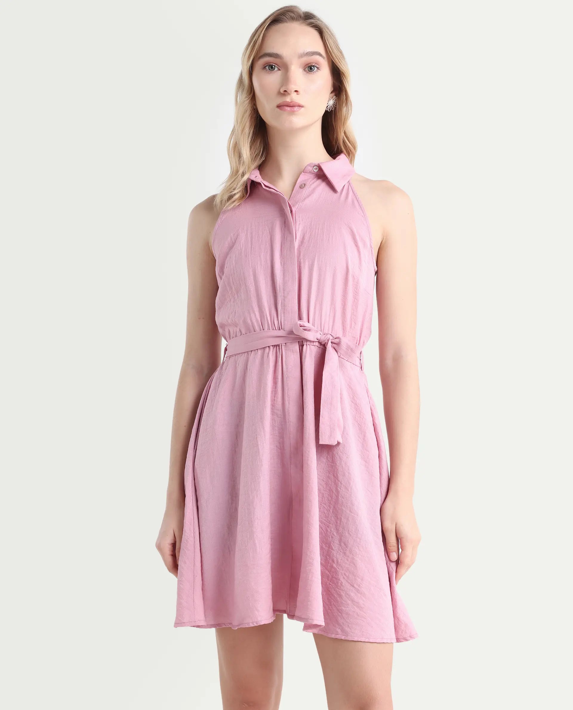 Rareism Women's Mistletoe Pink Rayon Blend Spread Collar Plain Sleeveless Knee Length Regular Fit Dress