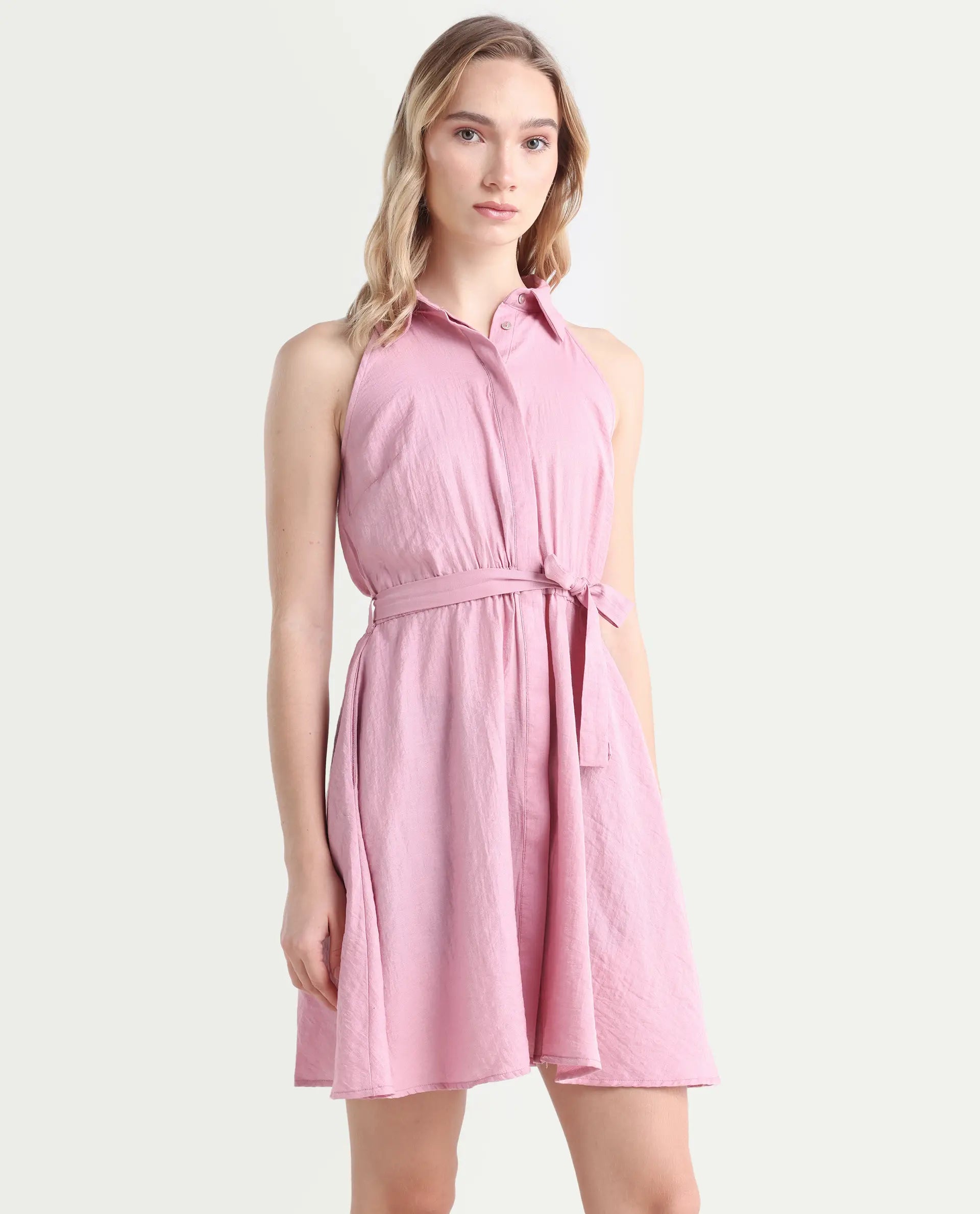 Rareism Women's Mistletoe Pink Rayon Blend Spread Collar Plain Sleeveless Knee Length Regular Fit Dress