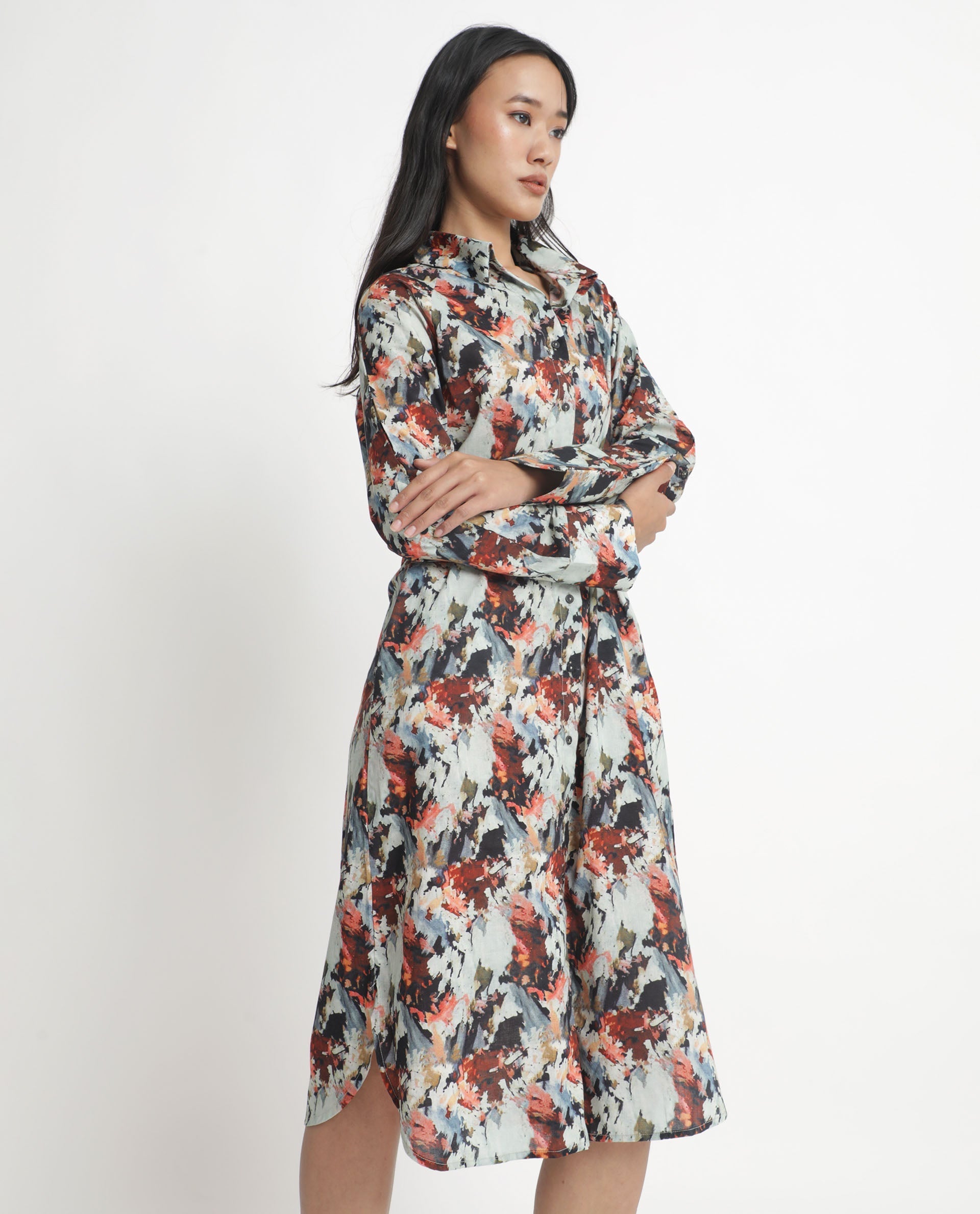 Rareism Women Mitchell Multi Cotton Fabric Full Sleeves Button Closure Shirt Collar Regular Fit Abstract Print Knee Length Shirt Type Dress