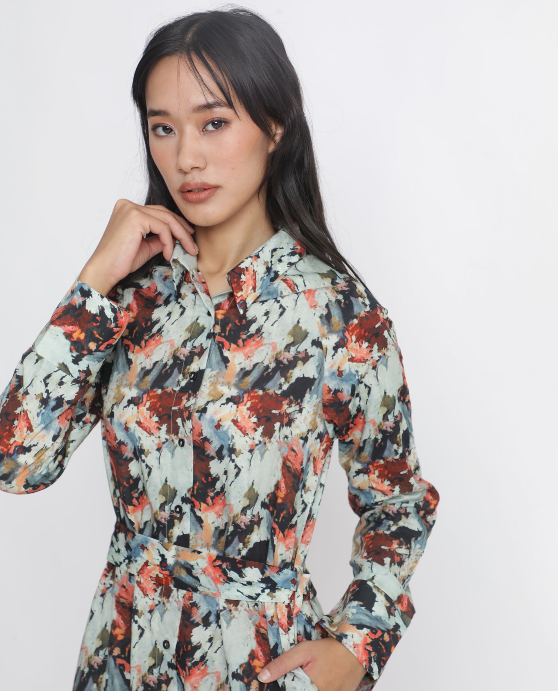 Rareism Women's Mitchell Multi Cotton Spread Collar Abstract Print Knee Length Regular Fit Dress