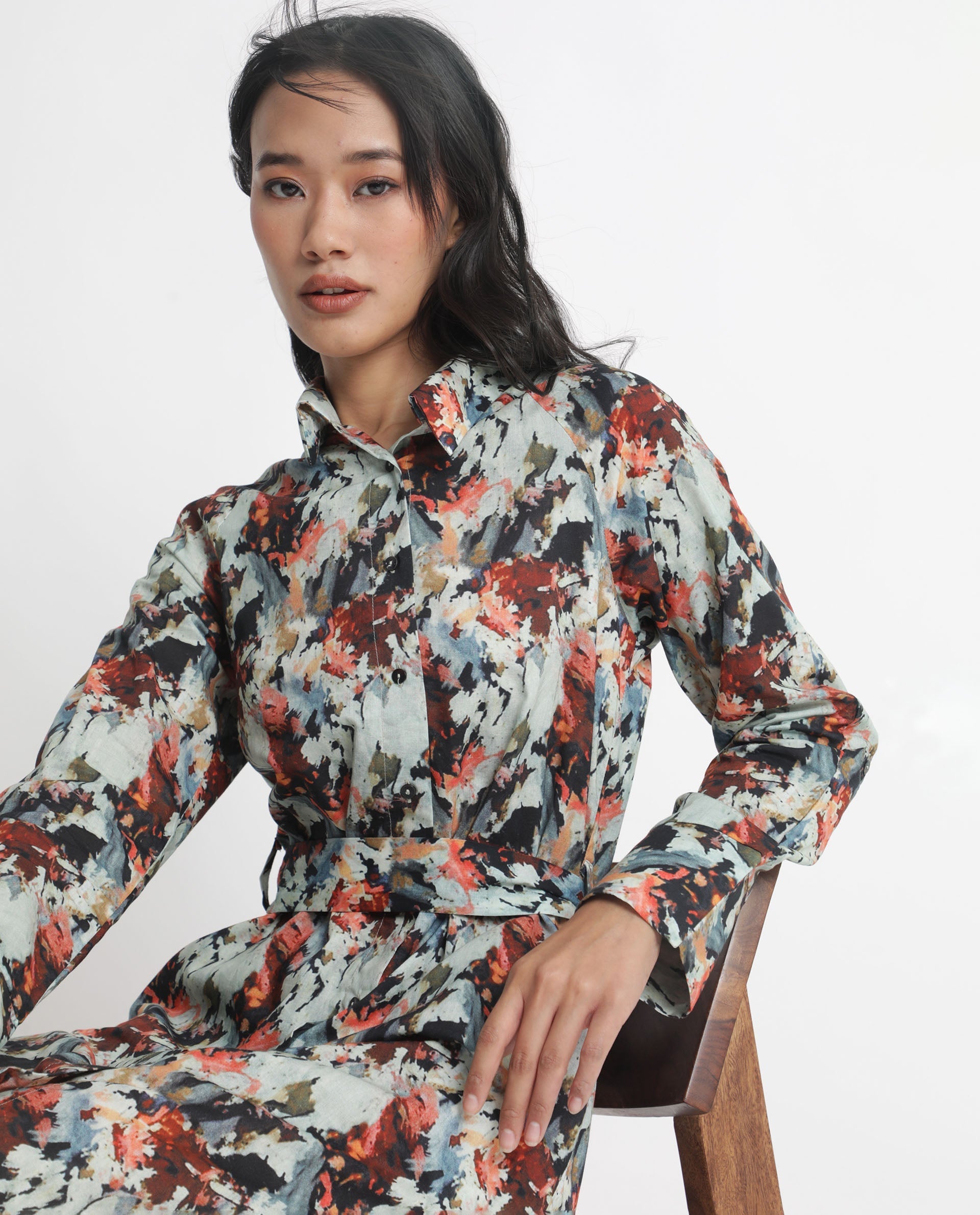 Rareism Women's Mitchell Multi Cotton Spread Collar Abstract Print Knee Length Regular Fit Dress