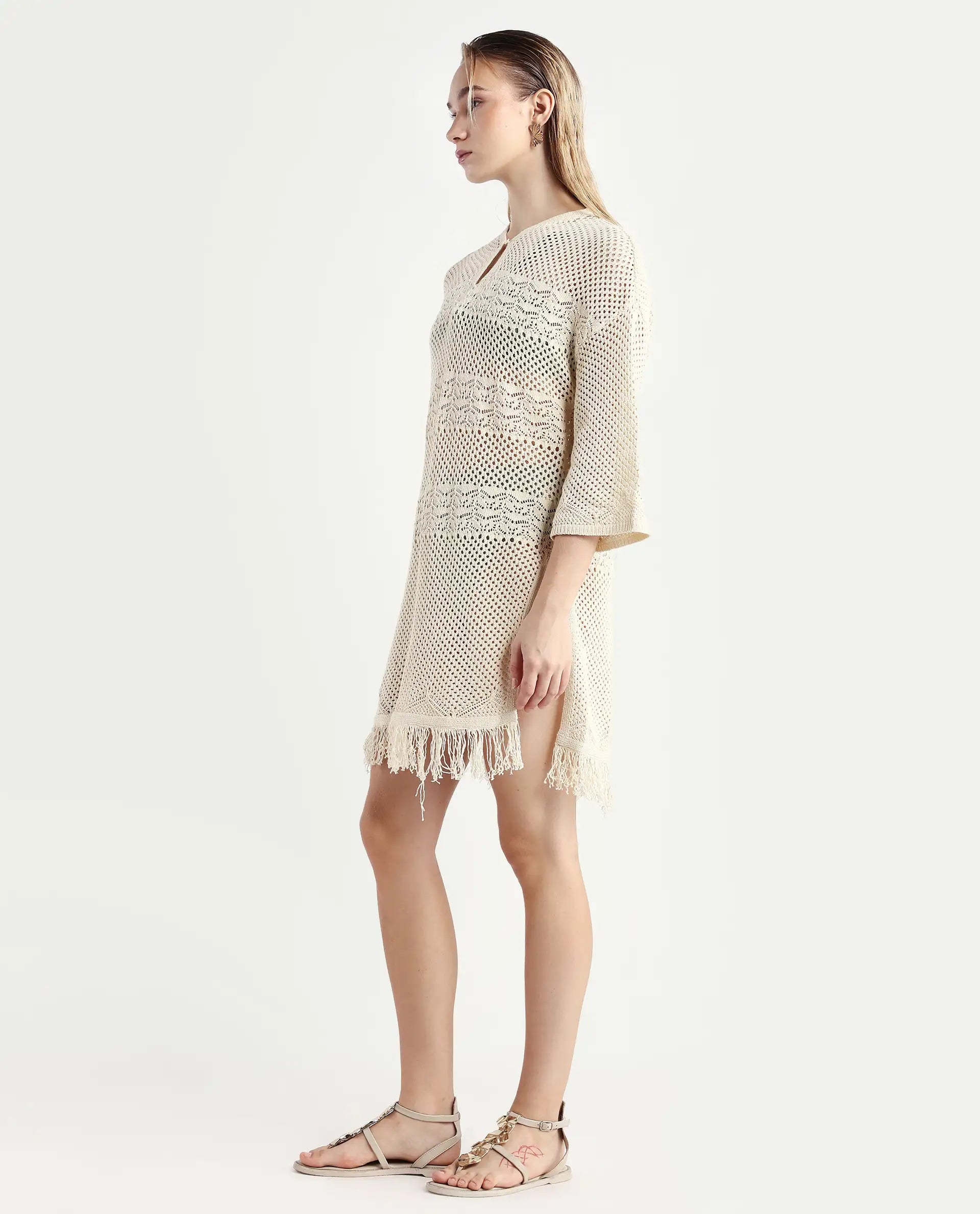 Rareism Women's Mitsuko Off White Cotton Key Hole Neck Plain Knee Length Relaxed Fit Dress