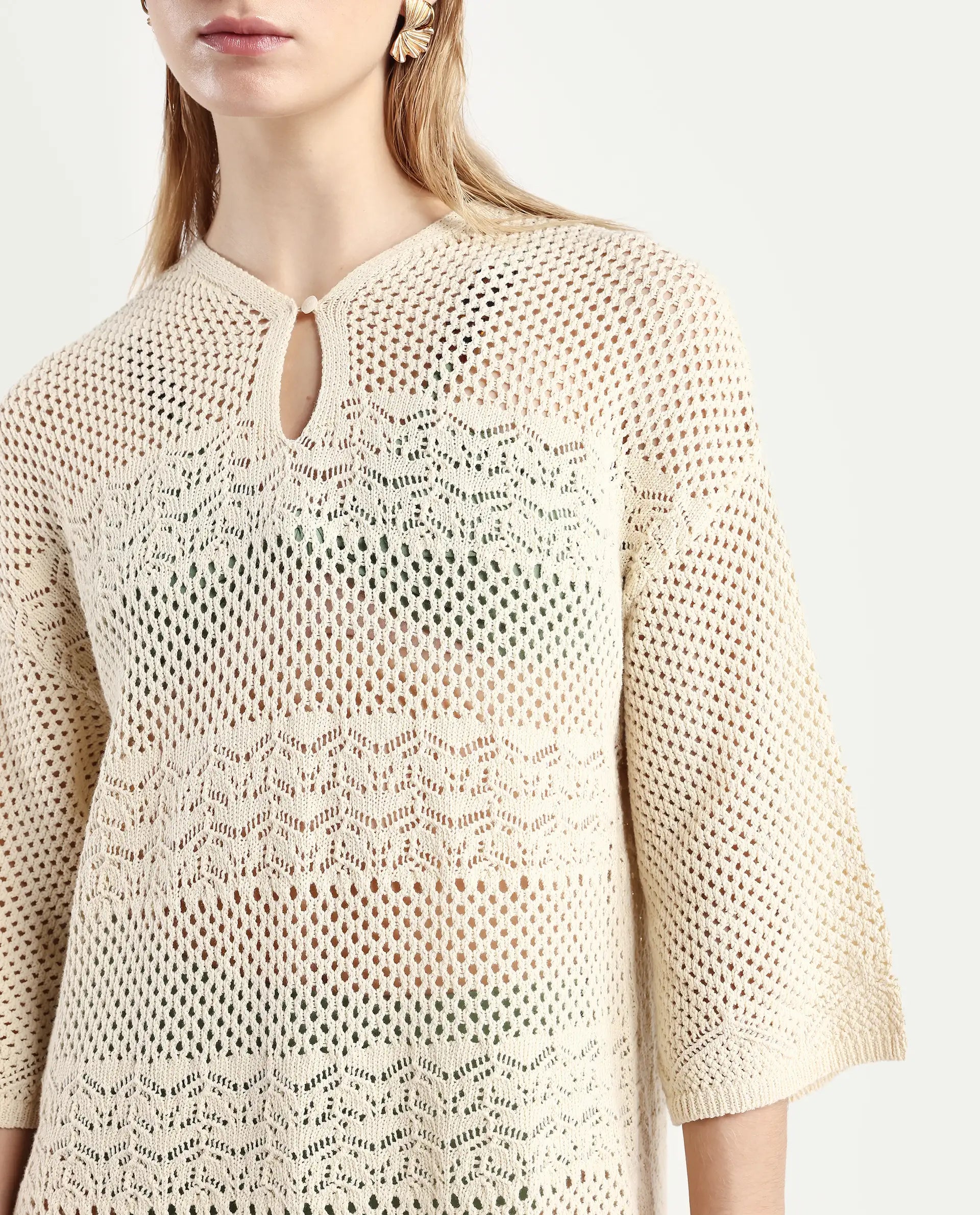 Rareism Women's Mitsuko Off White Cotton Key Hole Neck Plain Knee Length Relaxed Fit Dress