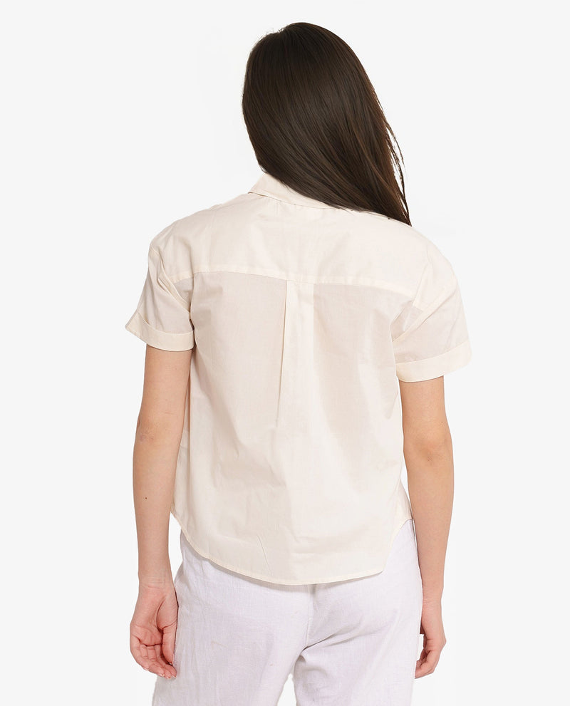 Rareism Women Mium Beige Short Sleeve Collared Collar Button Plain Shirt