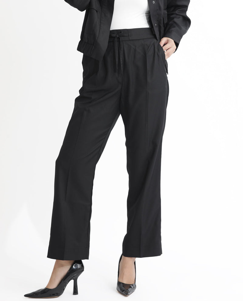 Rareism Women Miza Black  Tailored Fit High Rise Solid Ankle Length Trousers