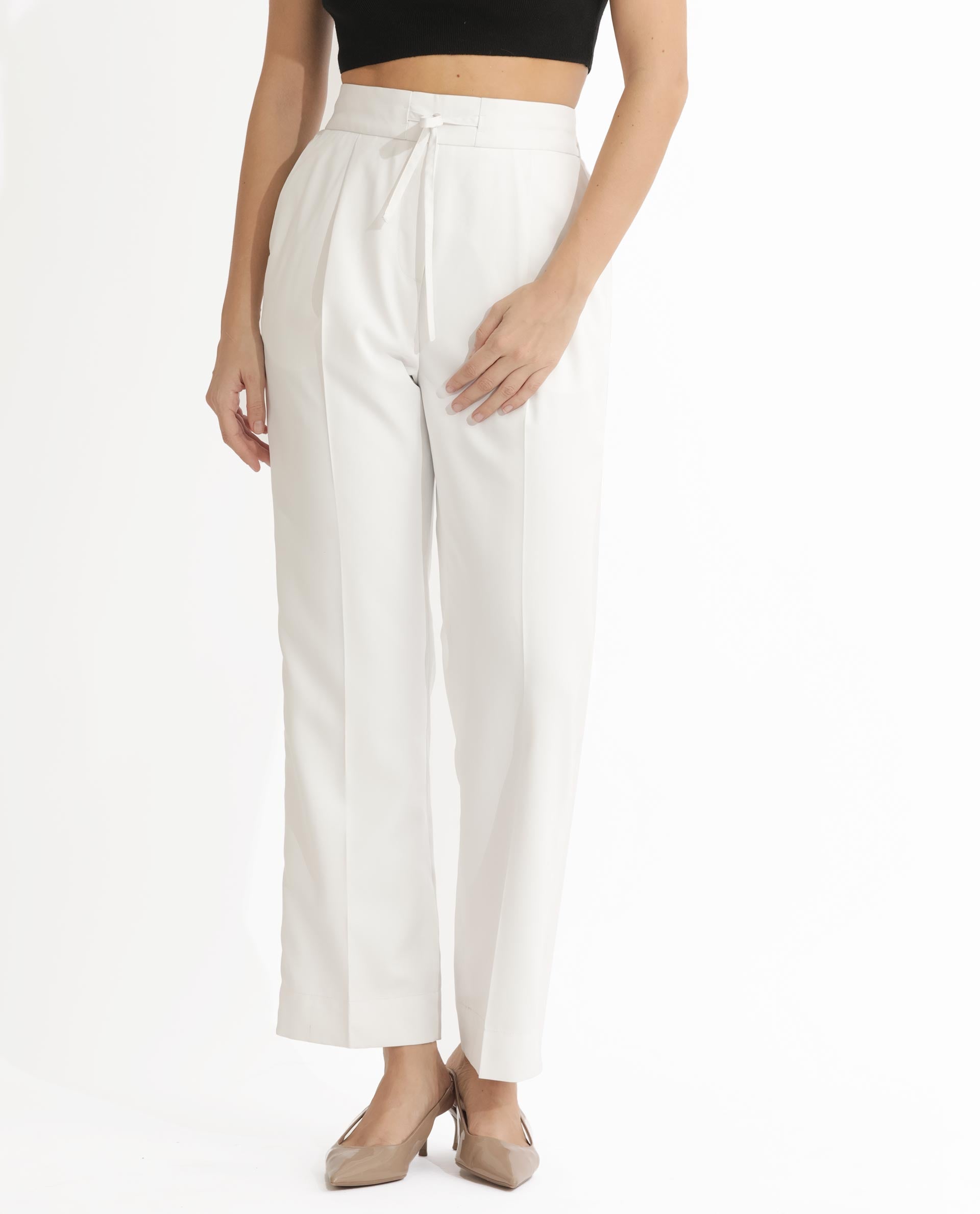 Rareism Women Miza Off White  Tailored Fit High Rise Solid Ankle Length Trousers