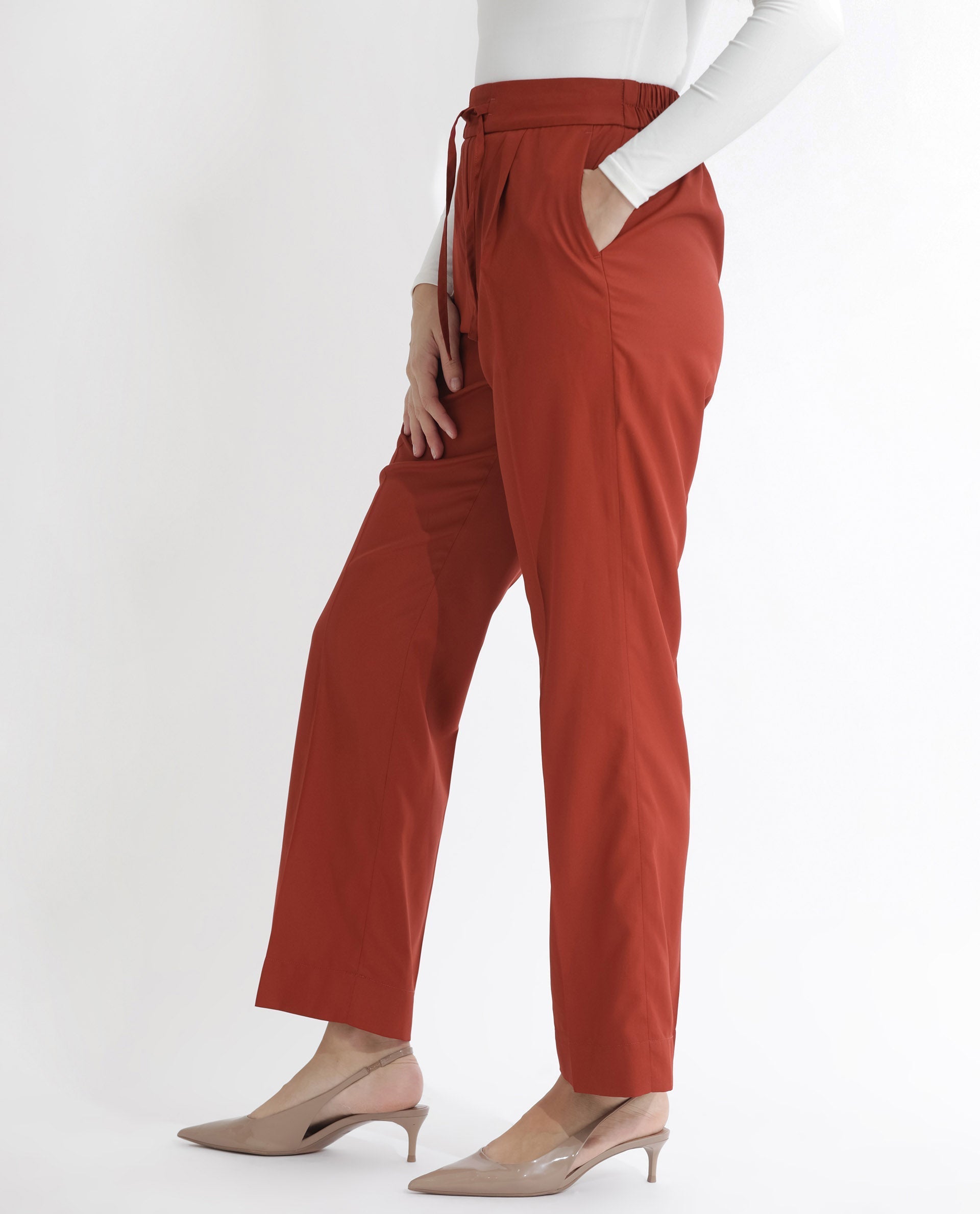 Rareism Women's Miza Orange Cotton Plain Ankle Length Straight Fit Trouser