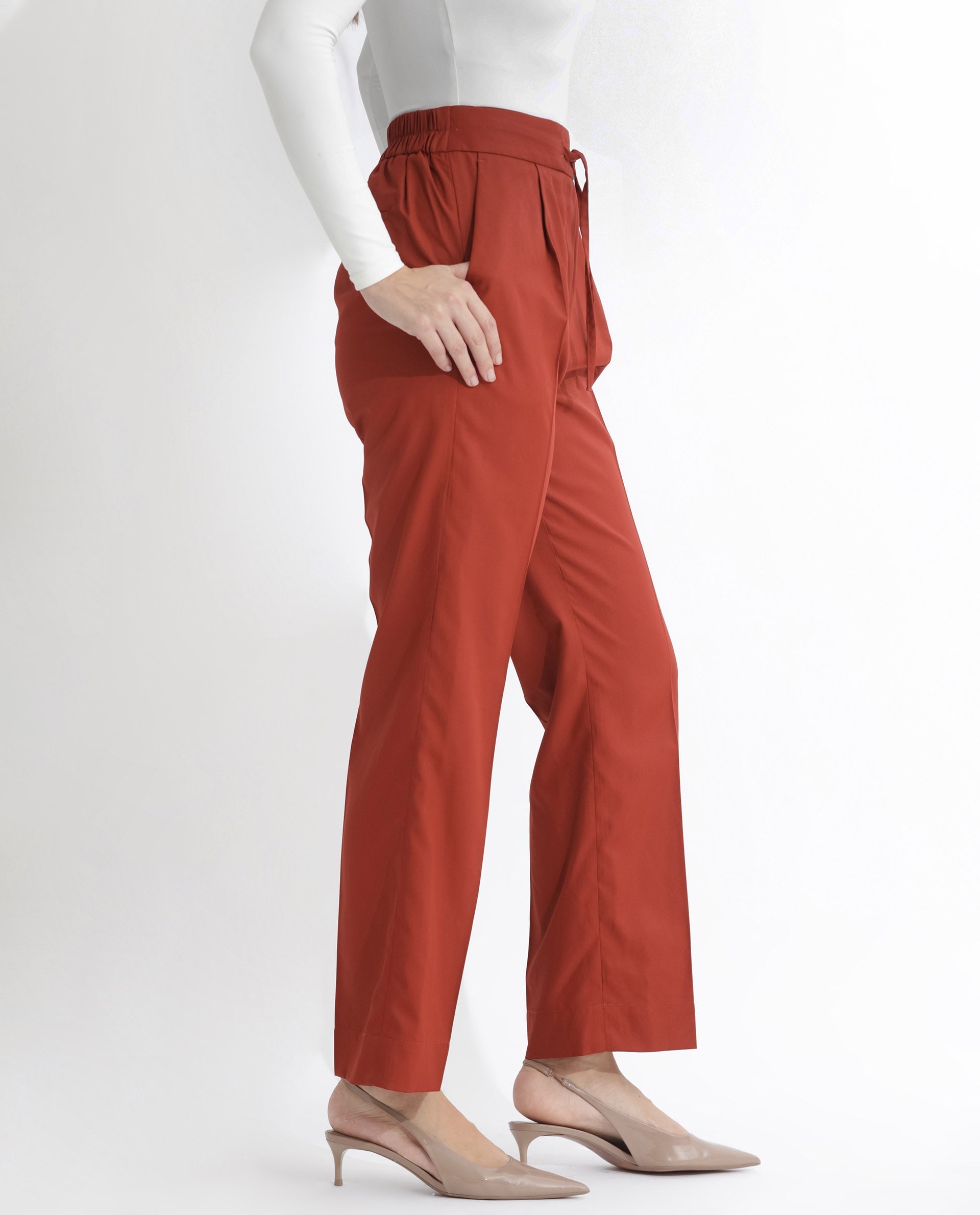 Rareism Women's Miza Orange Cotton Plain Ankle Length Straight Fit Trouser