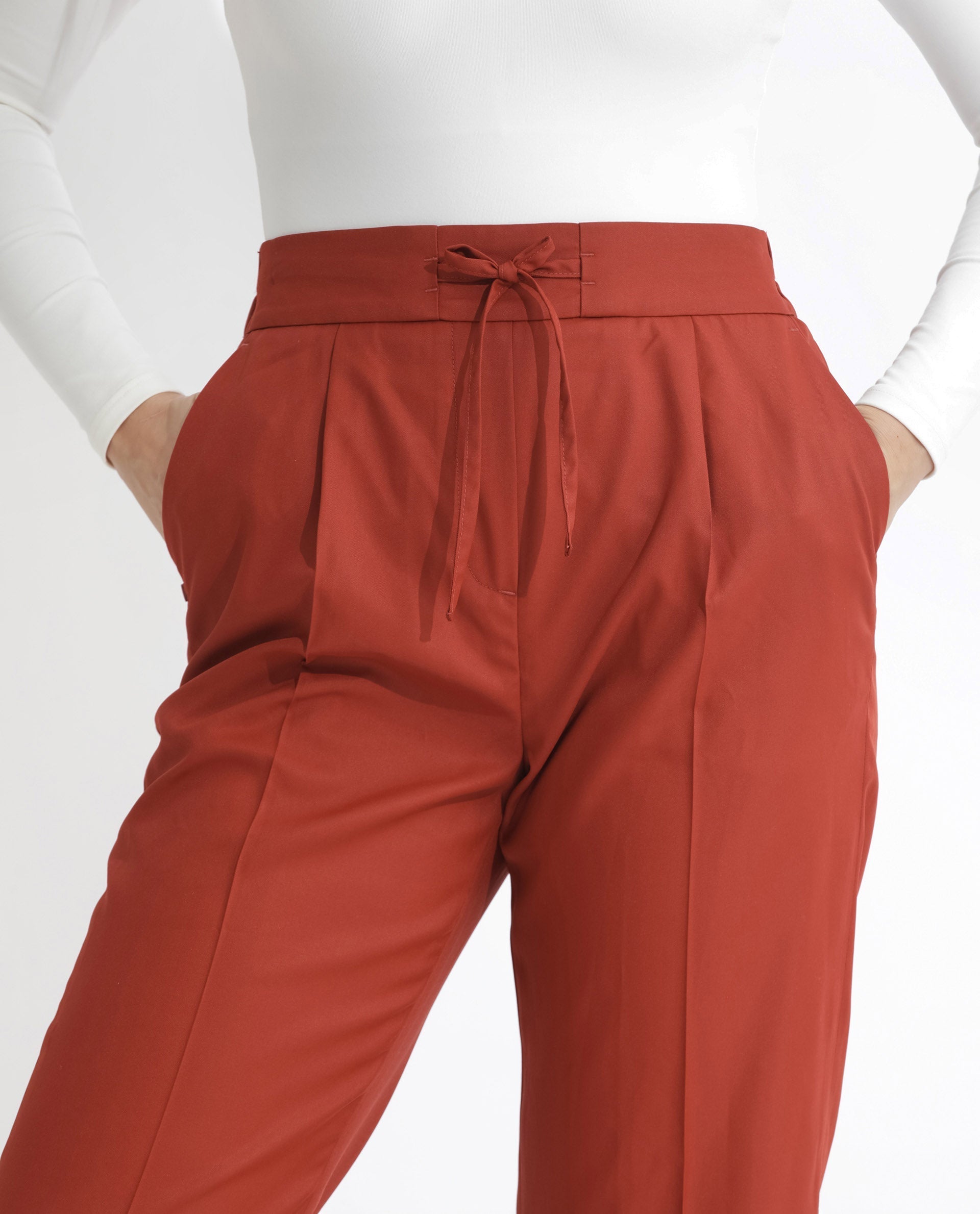 Rareism Women's Miza Orange Cotton Plain Ankle Length Straight Fit Trouser