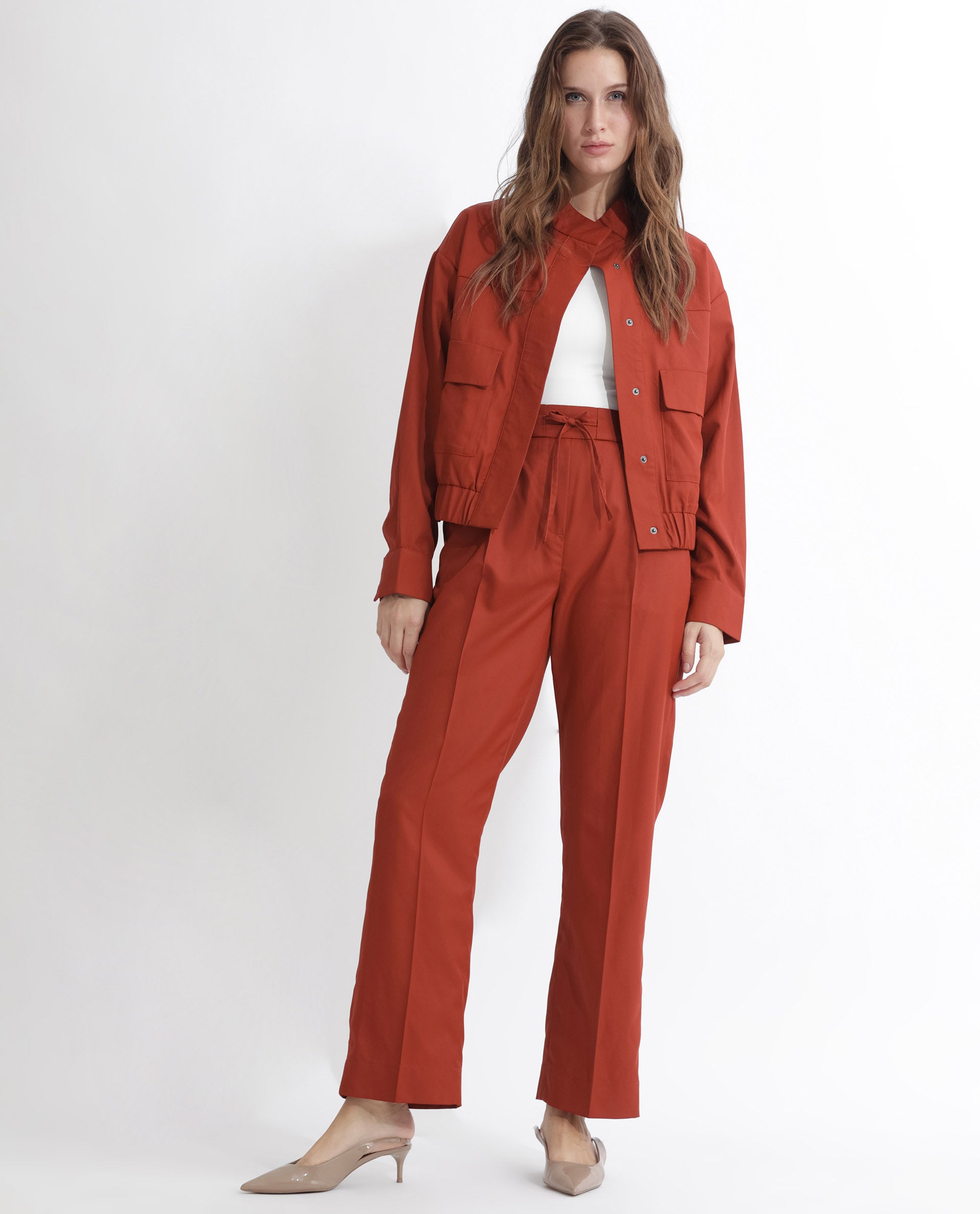 Rareism Women's Miza Orange Cotton Plain Ankle Length Straight Fit Trouser