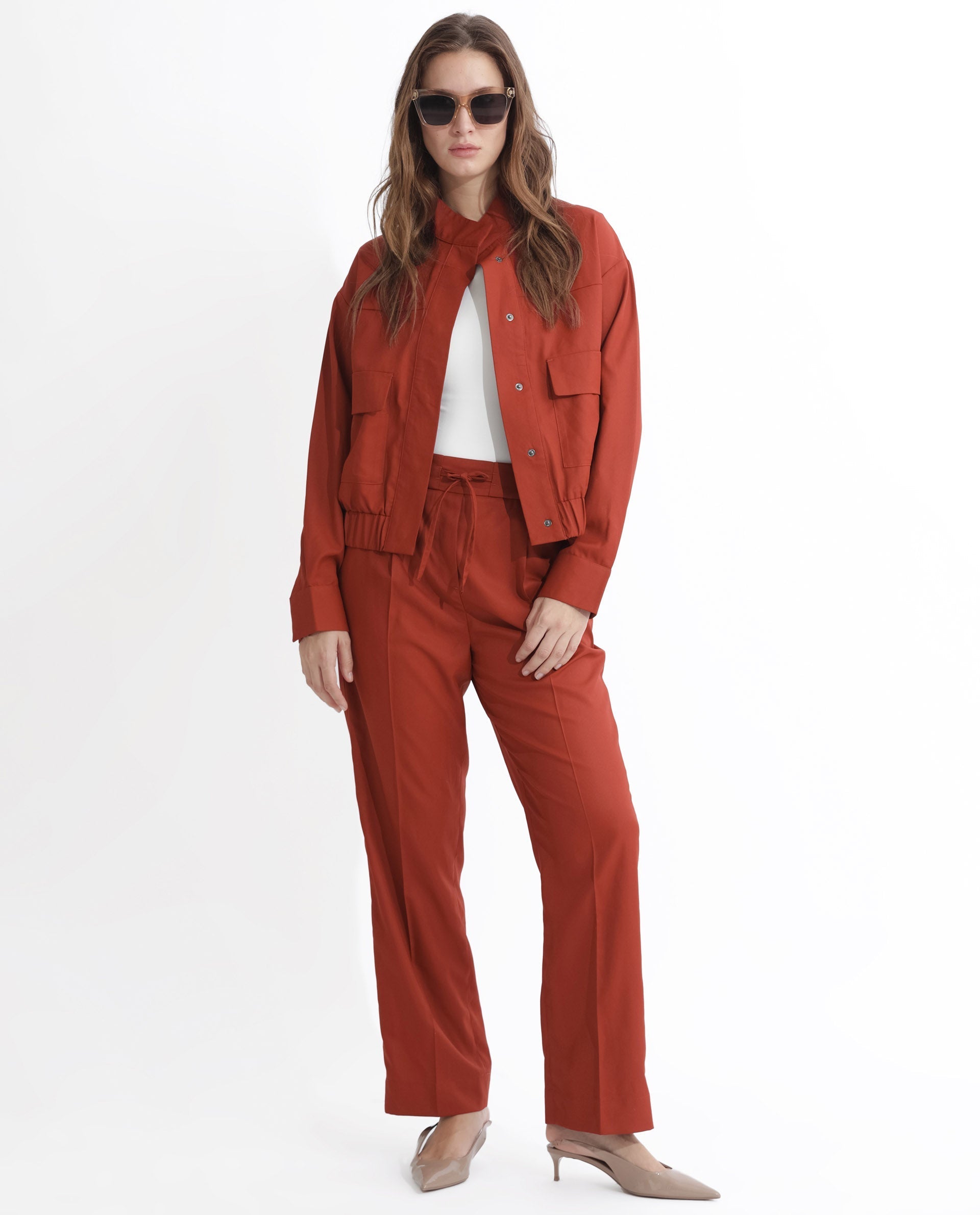 Rareism Women's Miza Orange Cotton Plain Ankle Length Straight Fit Trouser