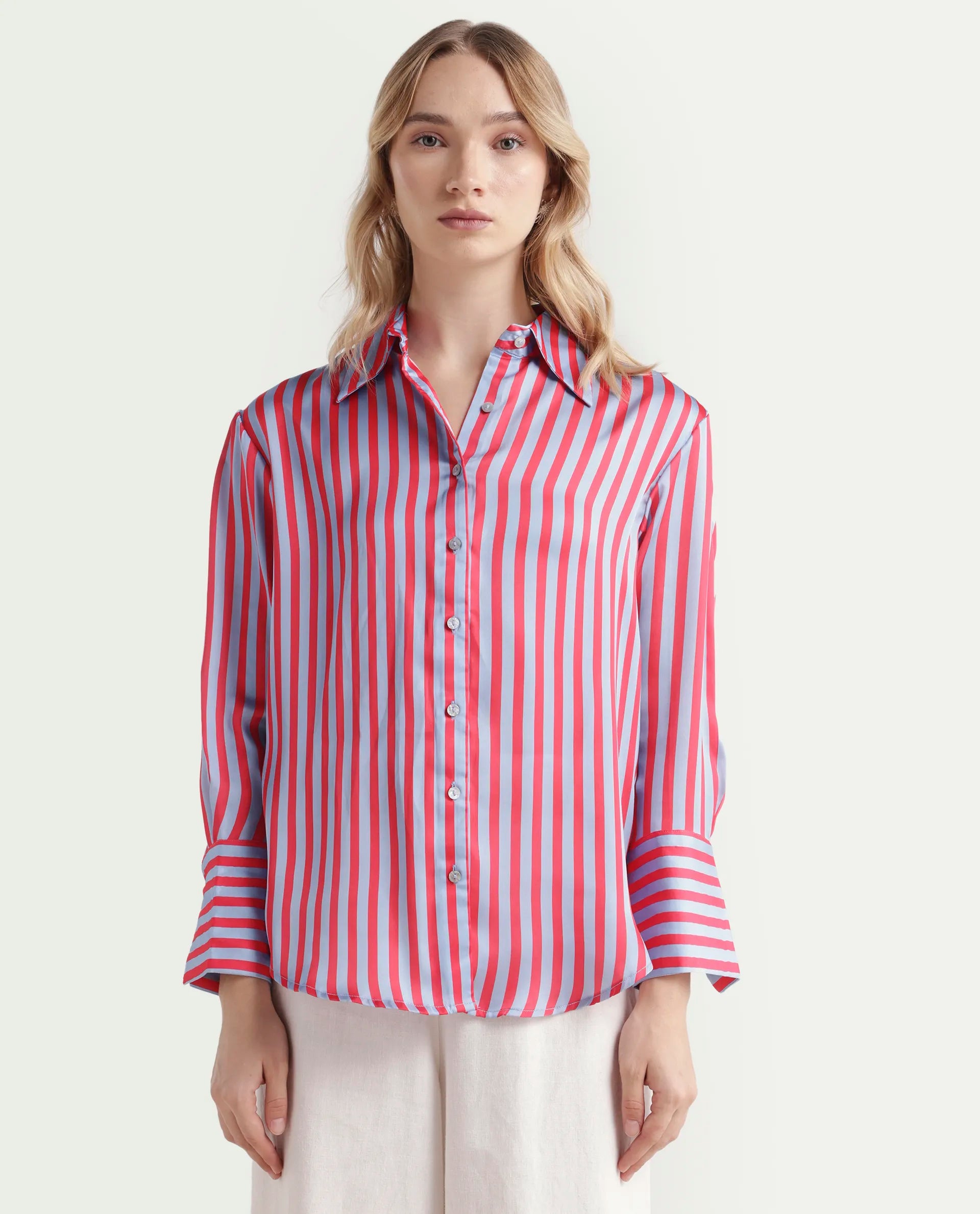 Rareism Women's Mochin Blue Polyester Drop Collar Striped Cuffed Sleeve Regular Fit Shirt