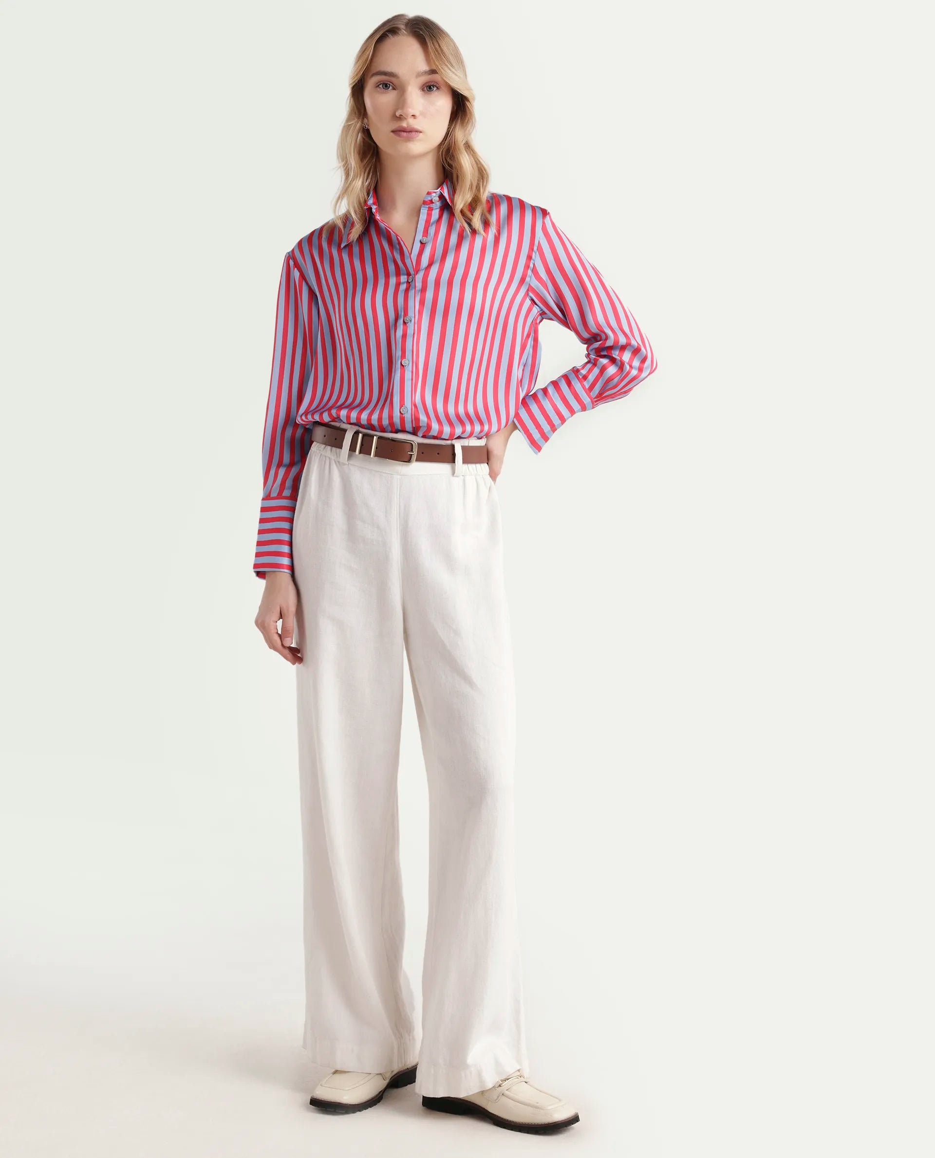 Rareism Women's Mochin Blue Polyester Drop Collar Striped Cuffed Sleeve Regular Fit Shirt