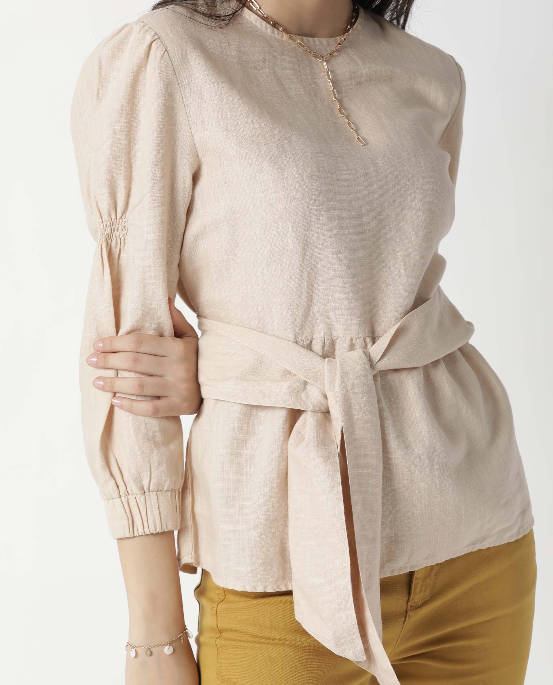 Rareism Womens Mocky Beige Top Full Sleeve Elasticated Cuff Crew Neck