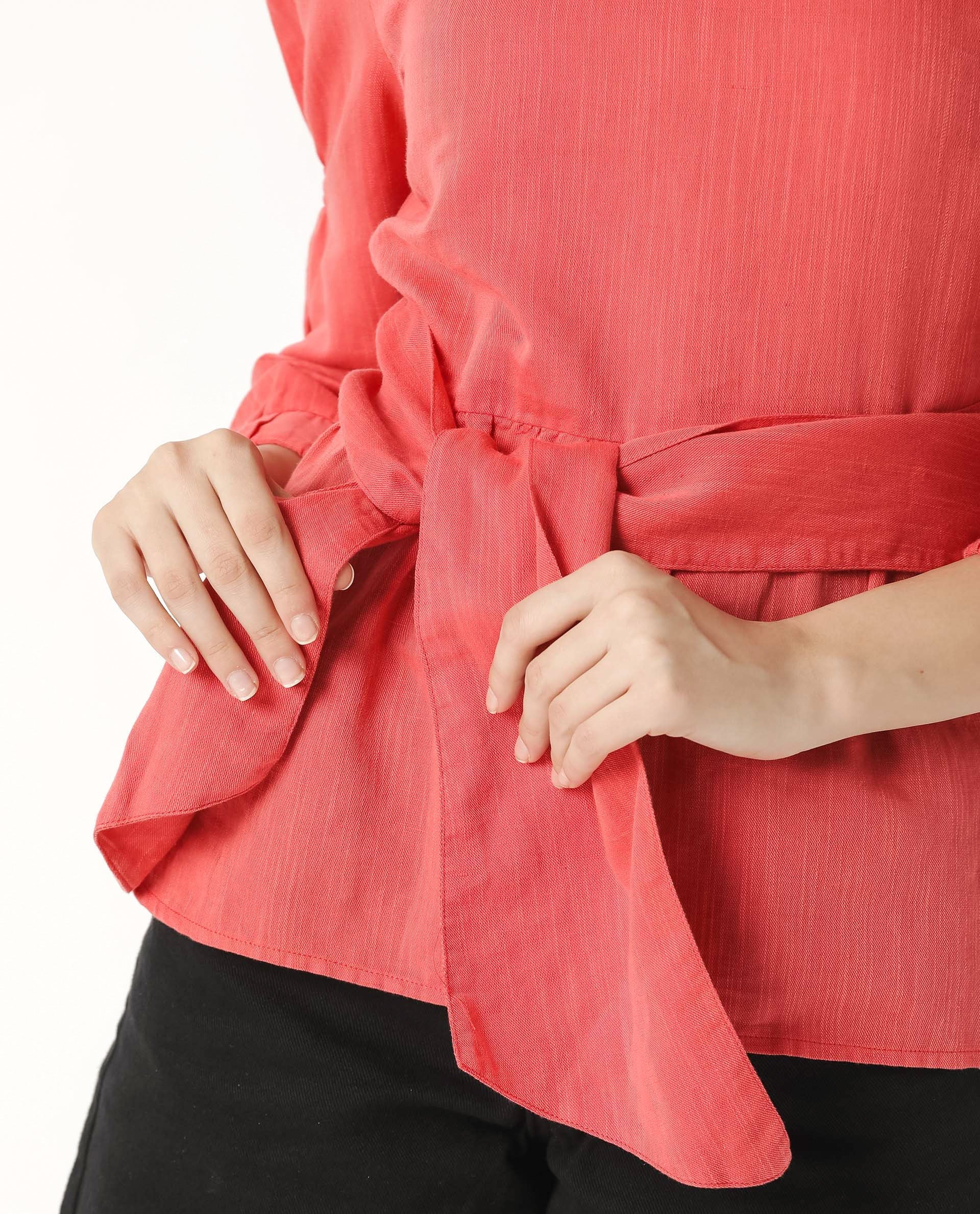 Rareism Womens Mocky Red Top Full Sleeve Elasticated Cuff Crew Neck