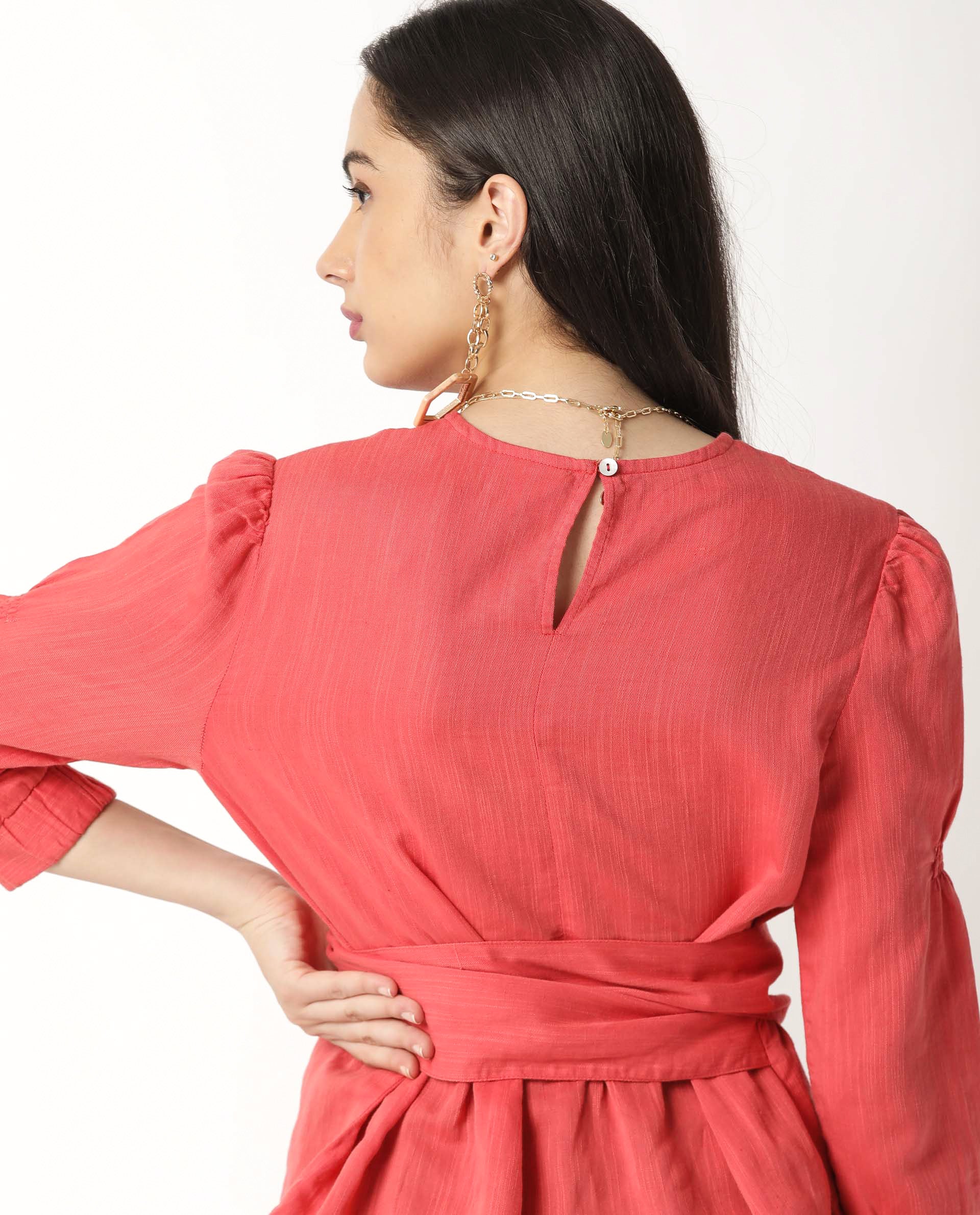 Rareism Womens Mocky Red Top Full Sleeve Elasticated Cuff Crew Neck