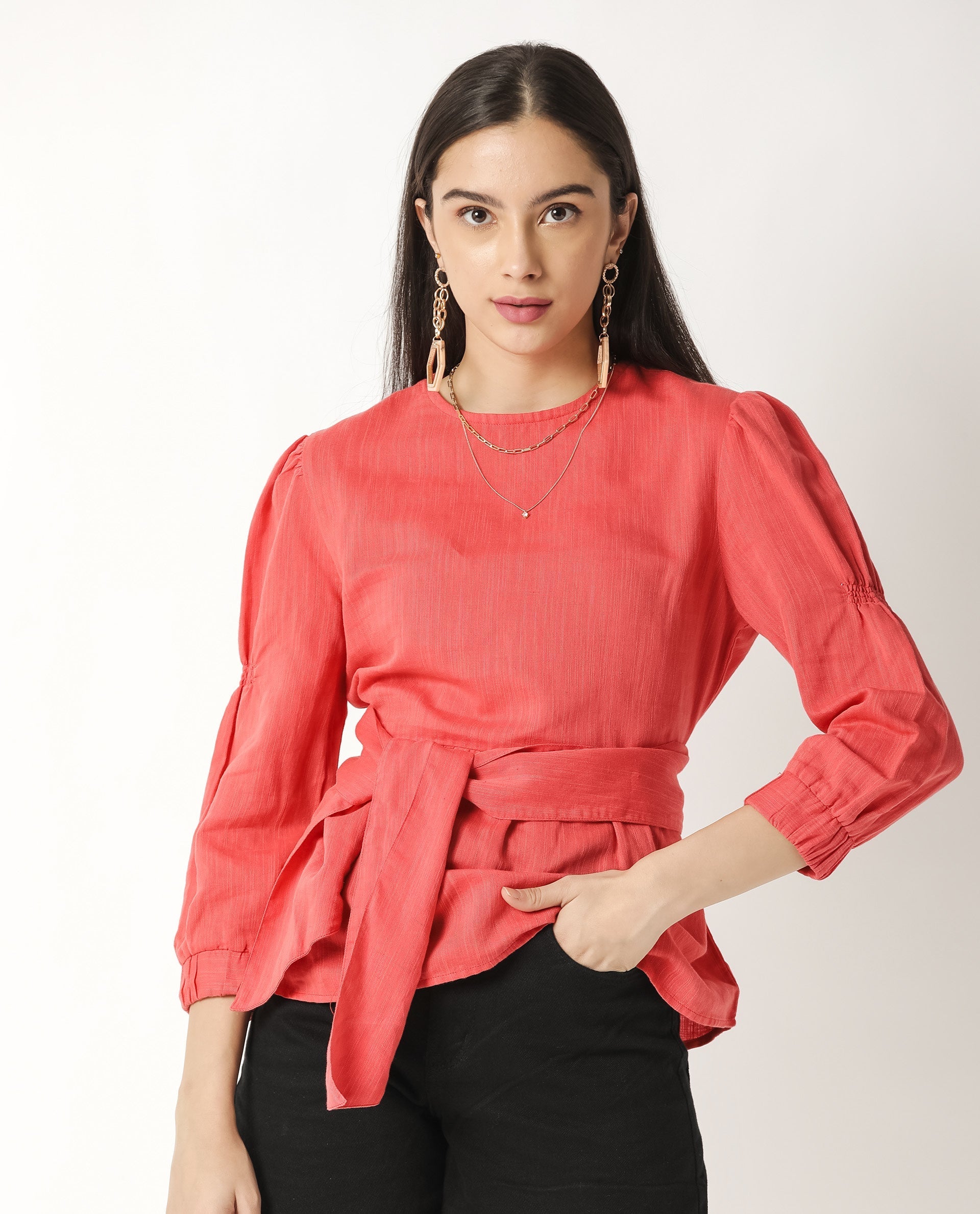 Rareism Womens Mocky Red Top Full Sleeve Elasticated Cuff Crew Neck