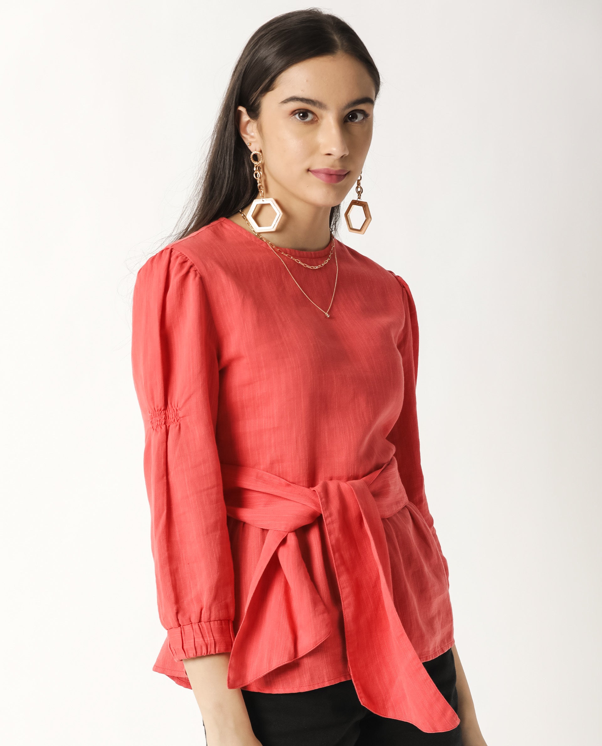 Rareism Womens Mocky Red Top Full Sleeve Elasticated Cuff Crew Neck