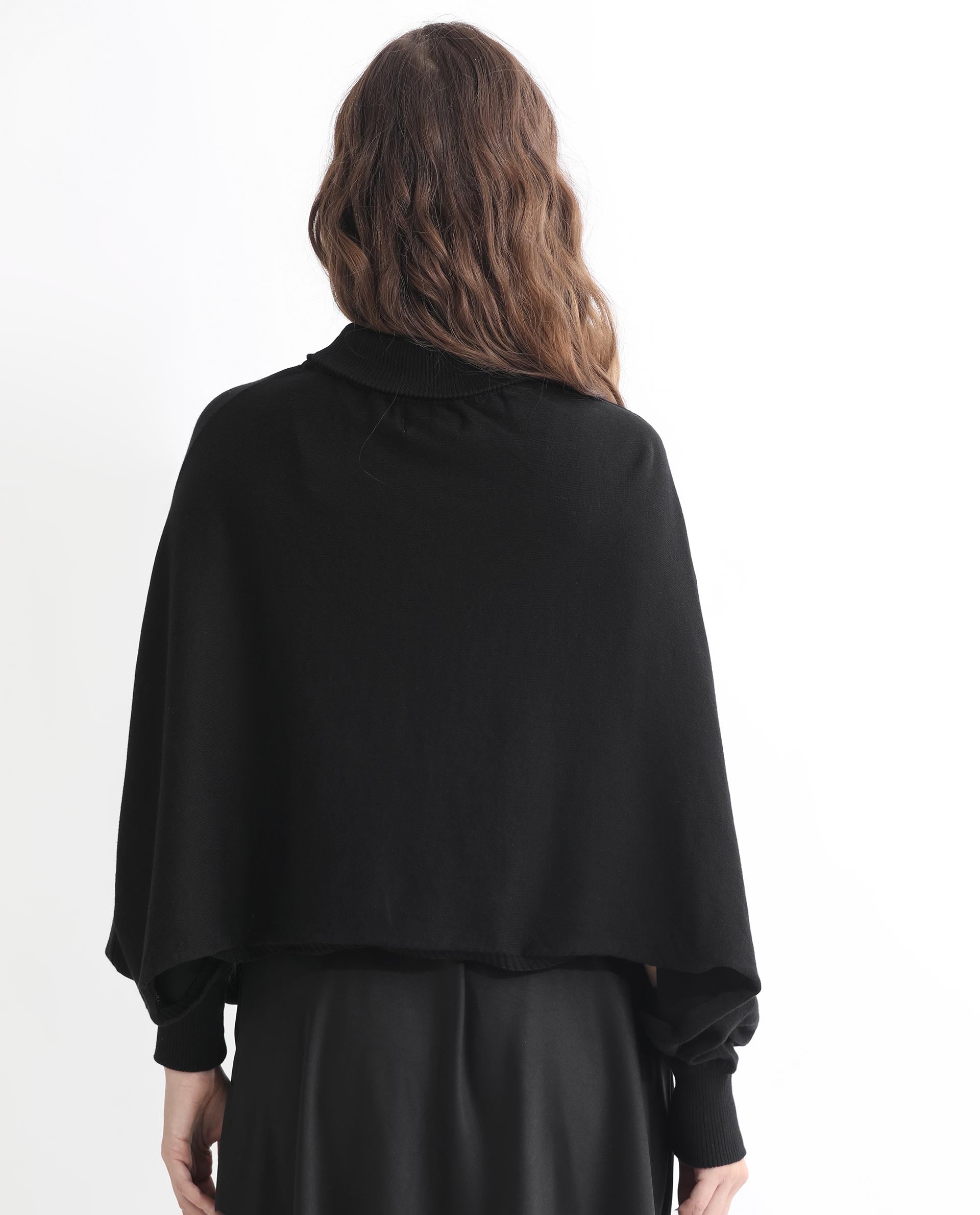 Rareism Women's Modem Black Cotton High Neck Plain Volume Sleeve Relaxed Fit Sweater