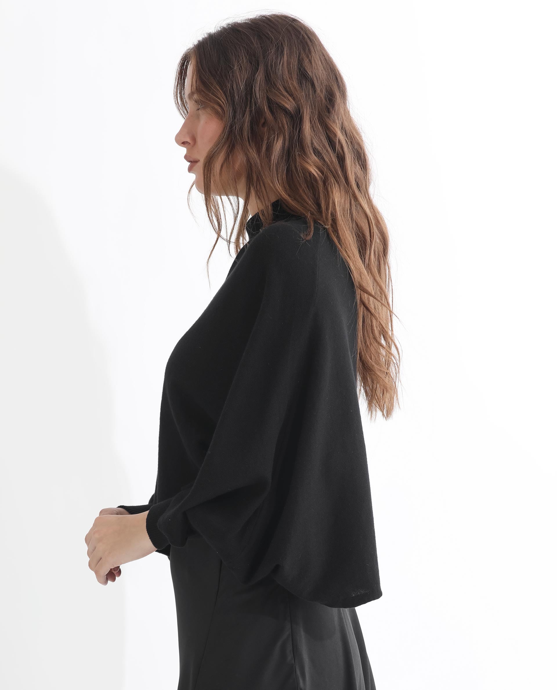 Rareism Women's Modem Black Cotton High Neck Plain Volume Sleeve Relaxed Fit Sweater