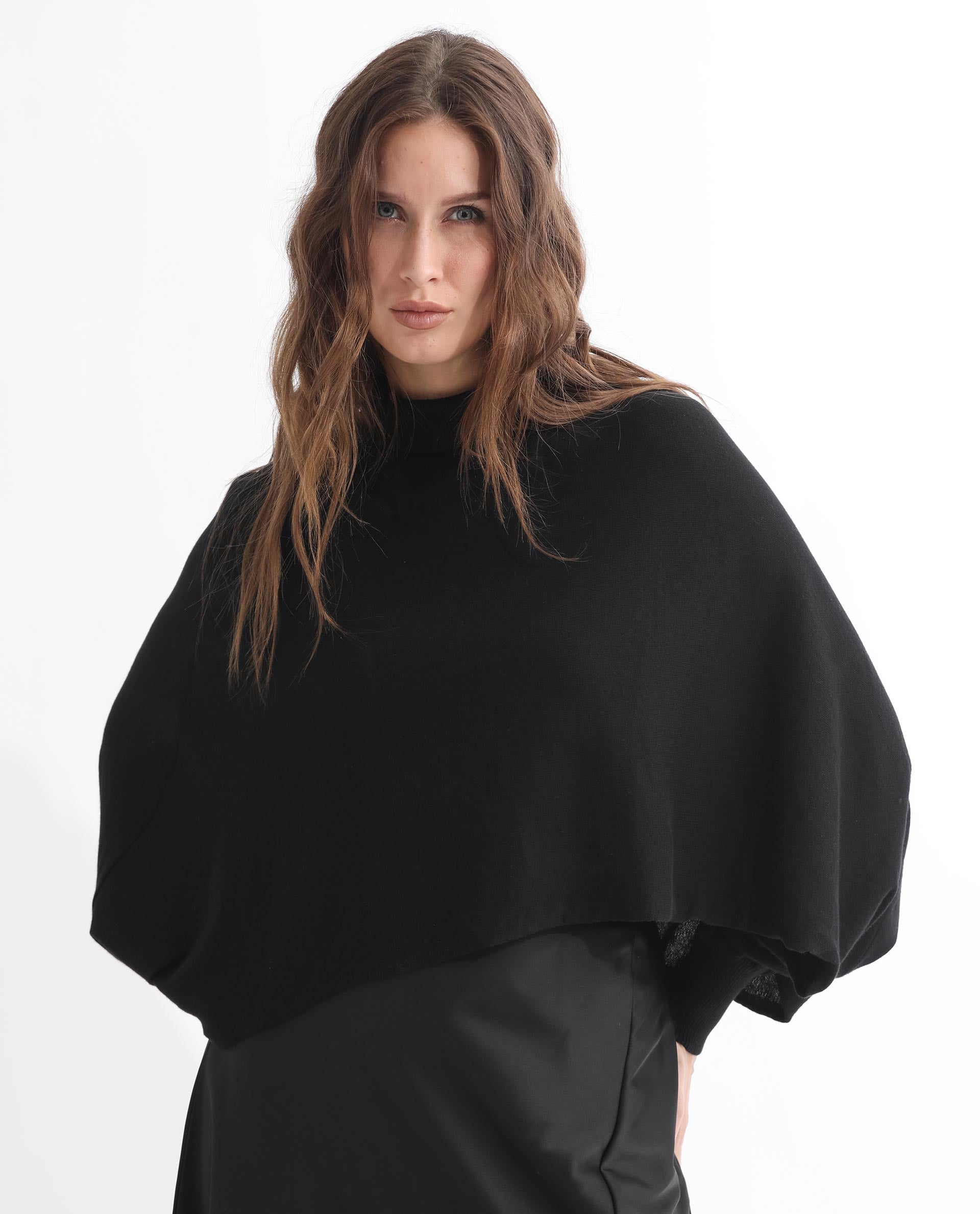Rareism Women's Modem Black Cotton High Neck Plain Volume Sleeve Relaxed Fit Sweater