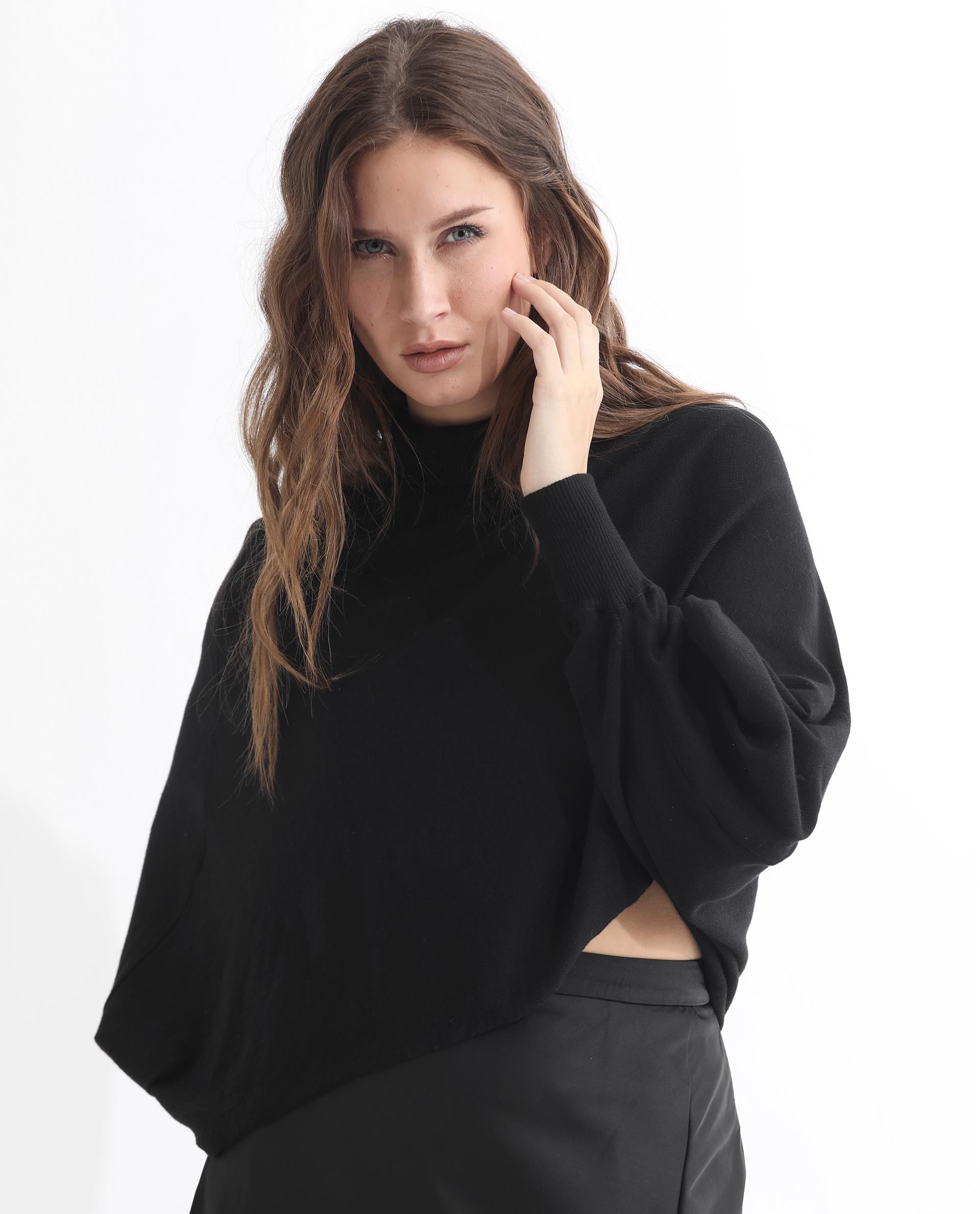 Rareism Women's Modem Black Cotton High Neck Plain Volume Sleeve Relaxed Fit Sweater