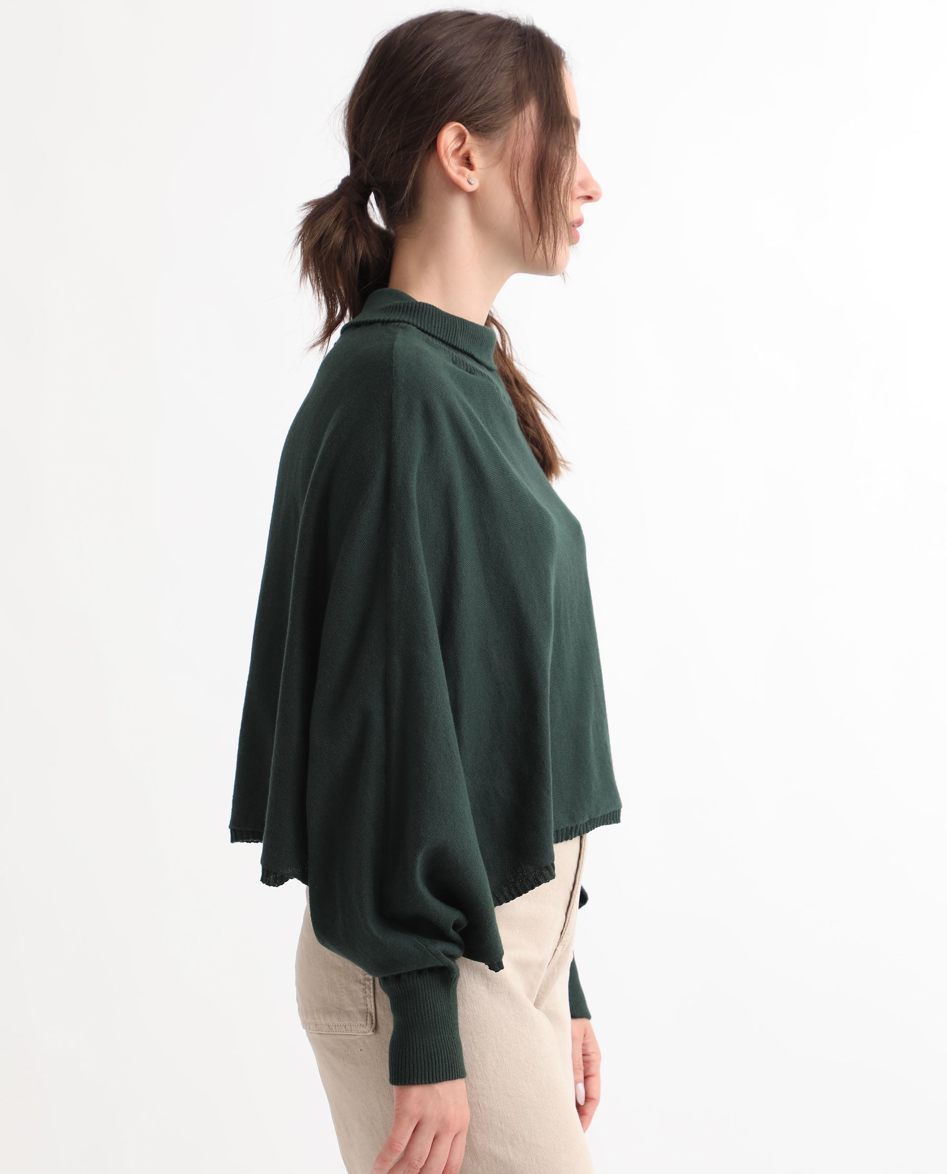 Rareism Women's Modem Green Cotton High Neck Plain Volume Sleeve Relaxed Fit Sweater