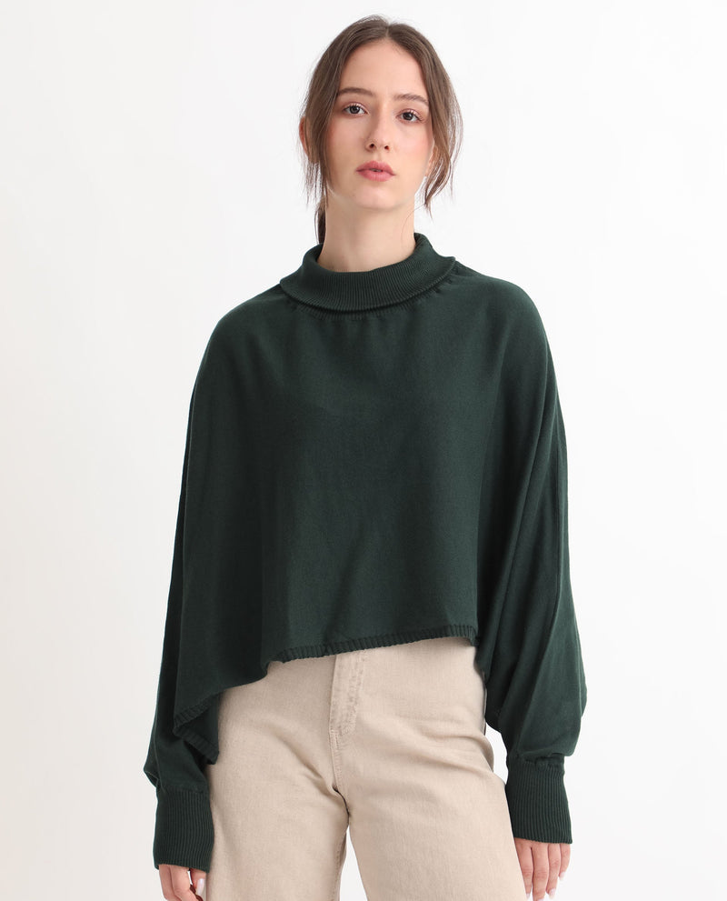 Rareism Women Modem Green Cotton Fabric Full Sleeves Regular Fit Solid High Neck Sweater