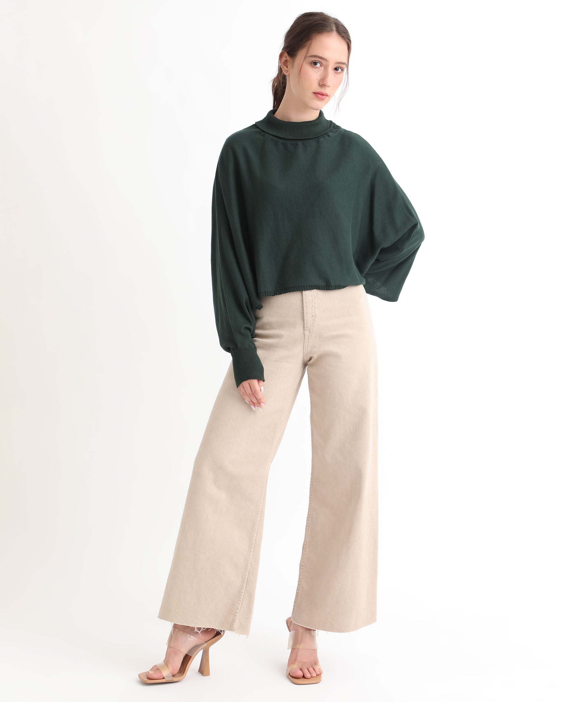 Rareism Women's Modem Green Cotton High Neck Plain Volume Sleeve Relaxed Fit Sweater