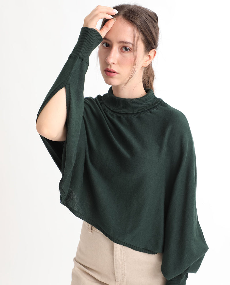 Rareism Women Modem Green Cotton Fabric Full Sleeves Regular Fit Solid High Neck Sweater