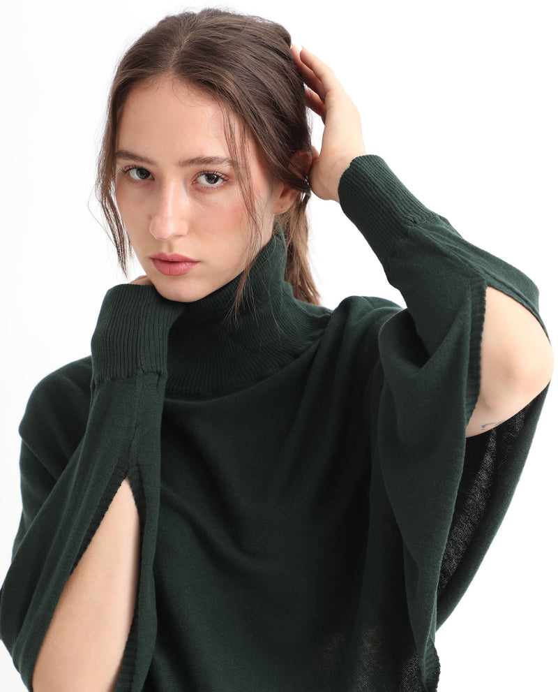 Rareism Women Modem Green Cotton Fabric Full Sleeves Regular Fit Solid High Neck Sweater