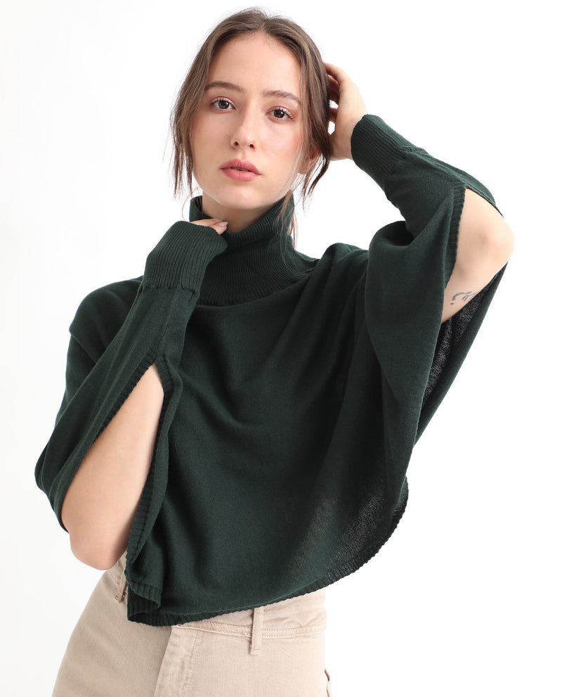 Rareism Women Modem Green Cotton Fabric Full Sleeves Regular Fit Solid High Neck Sweater