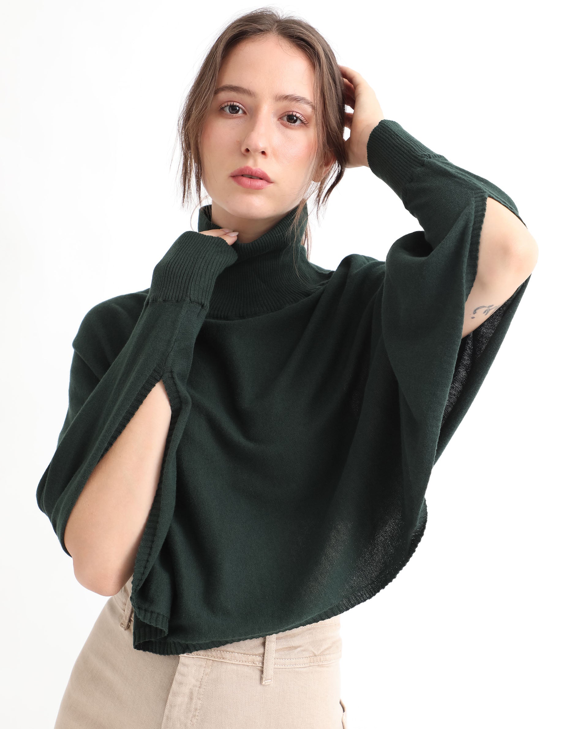 Rareism Women's Modem Green Cotton High Neck Plain Volume Sleeve Relaxed Fit Sweater