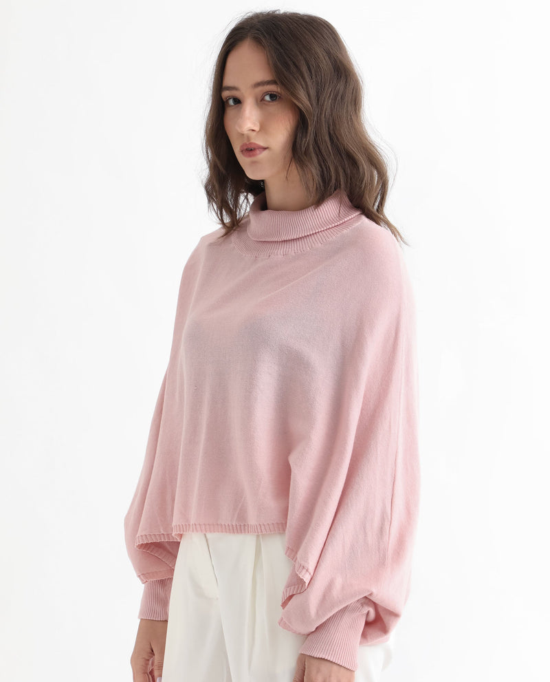 Rareism Women Modem Pink Cotton Fabric Full Sleeves Regular Fit Solid High Neck Sweater