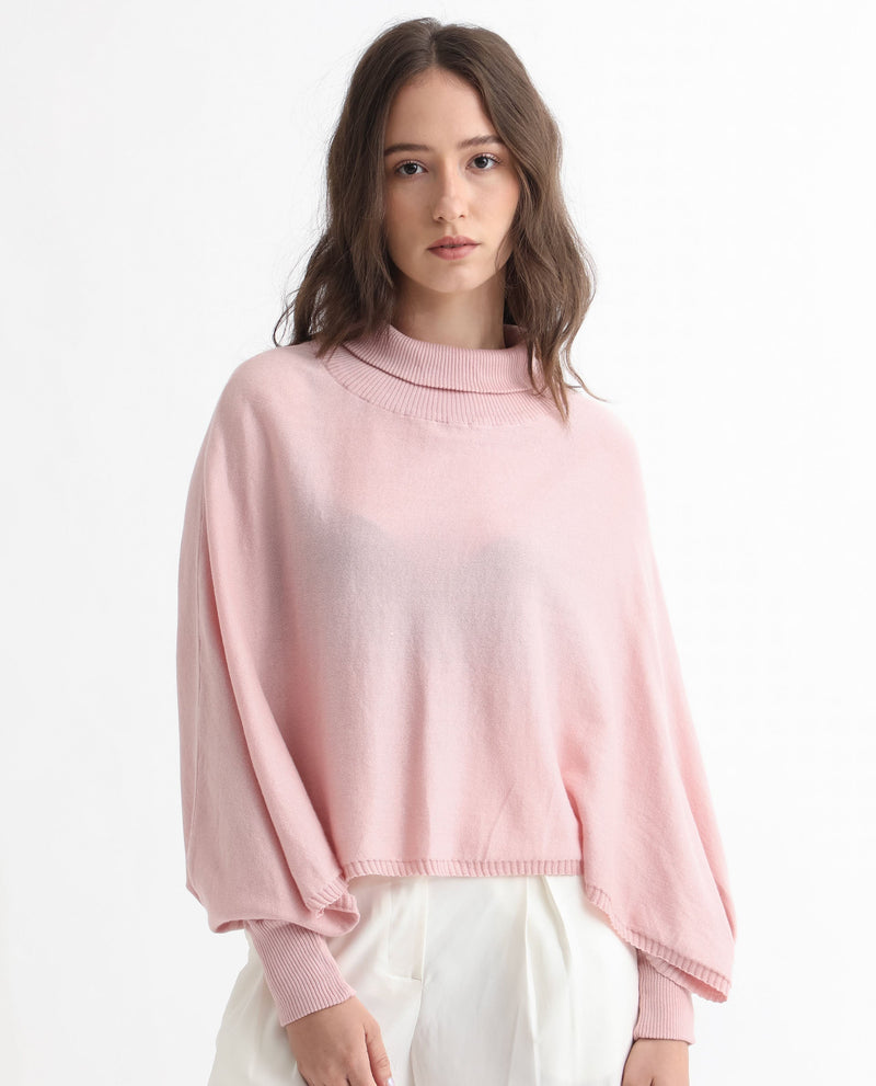 Rareism Women Modem Pink Cotton Fabric Full Sleeves Regular Fit Solid High Neck Sweater