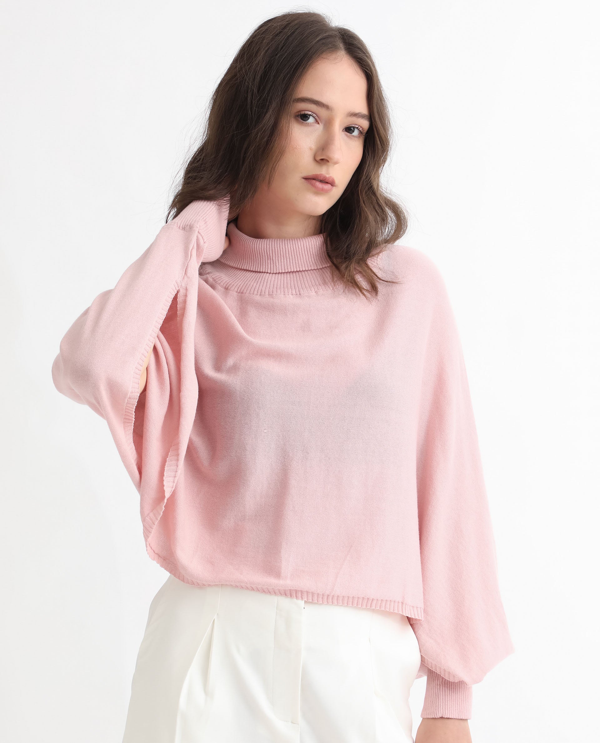 Rareism Women's Modem Pink Cotton High Neck Plain Volume Sleeve Relaxed Fit Sweater