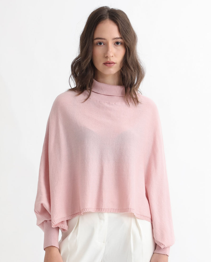 Rareism Women Modem Pink Cotton Fabric Full Sleeves Regular Fit Solid High Neck Sweater