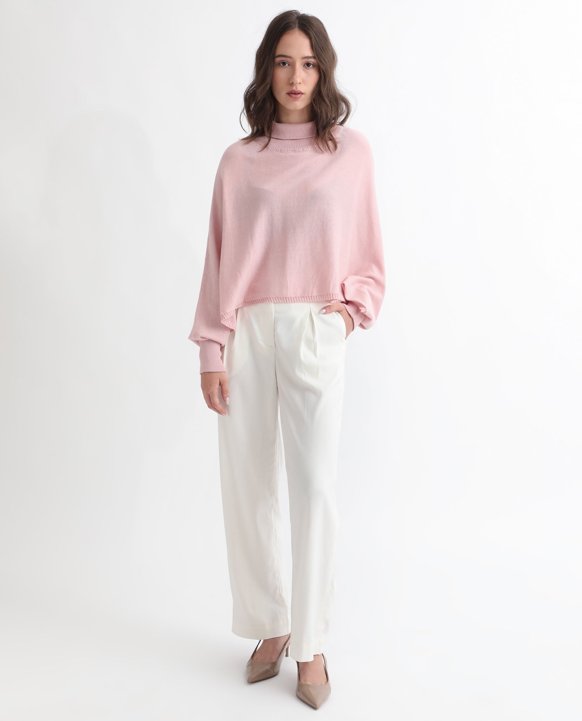 Rareism Women's Modem Pink Cotton High Neck Plain Volume Sleeve Relaxed Fit Sweater