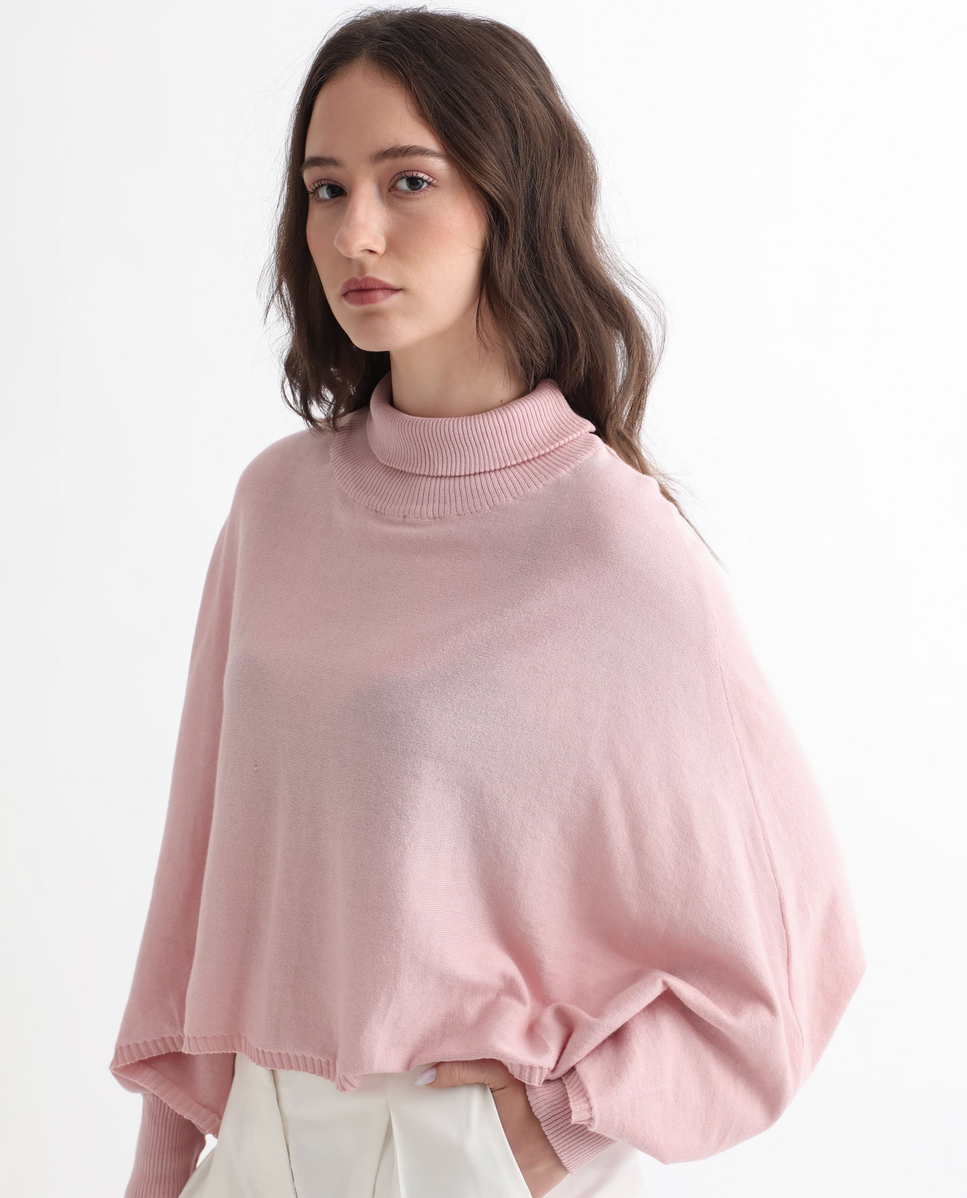 Rareism Women's Modem Pink Cotton High Neck Plain Volume Sleeve Relaxed Fit Sweater