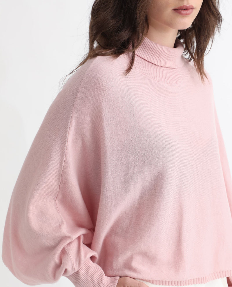 Rareism Women Modem Pink Cotton Fabric Full Sleeves Regular Fit Solid High Neck Sweater