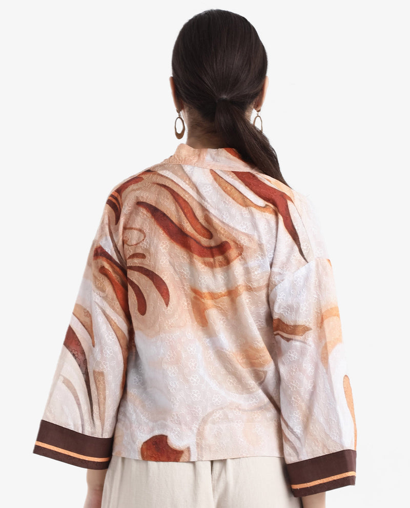 Rareism Women Modena Light Brown Bell Sleeves Shawl Neck Cropped Abstract Print Top