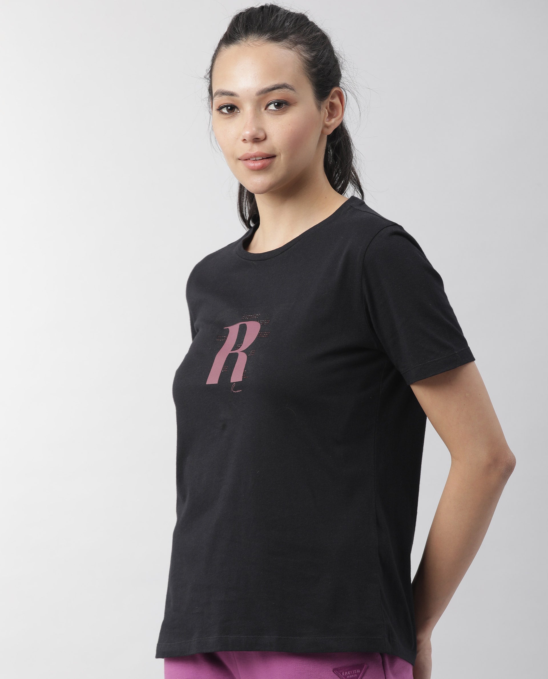 Rareism Women Moes Black Cotton Fabric Regular Fit Half Sleeves Geometric Print Round Neck T-Shirt