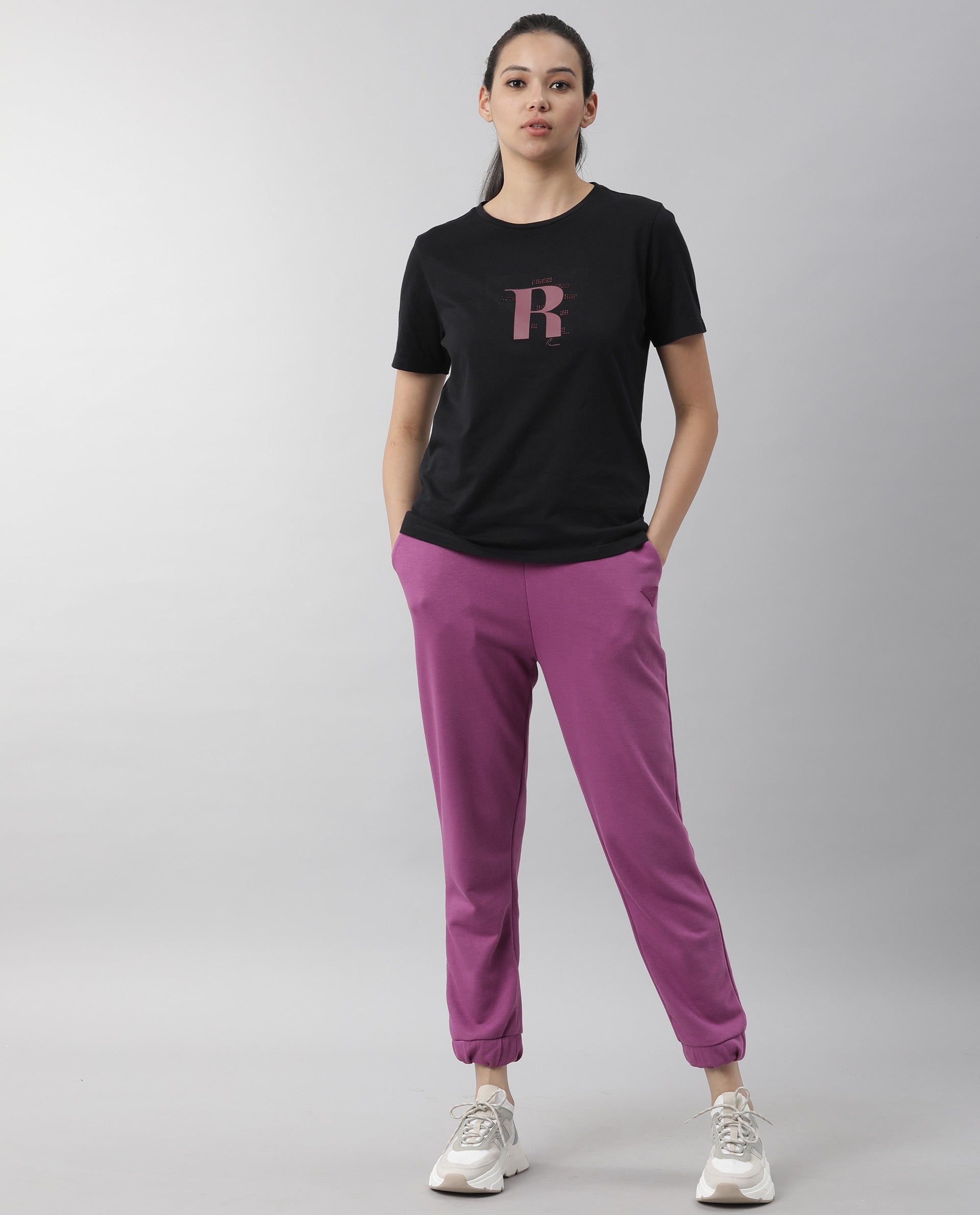 Rareism Women Moes Black Cotton Fabric Regular Fit Half Sleeves Geometric Print Round Neck T-Shirt