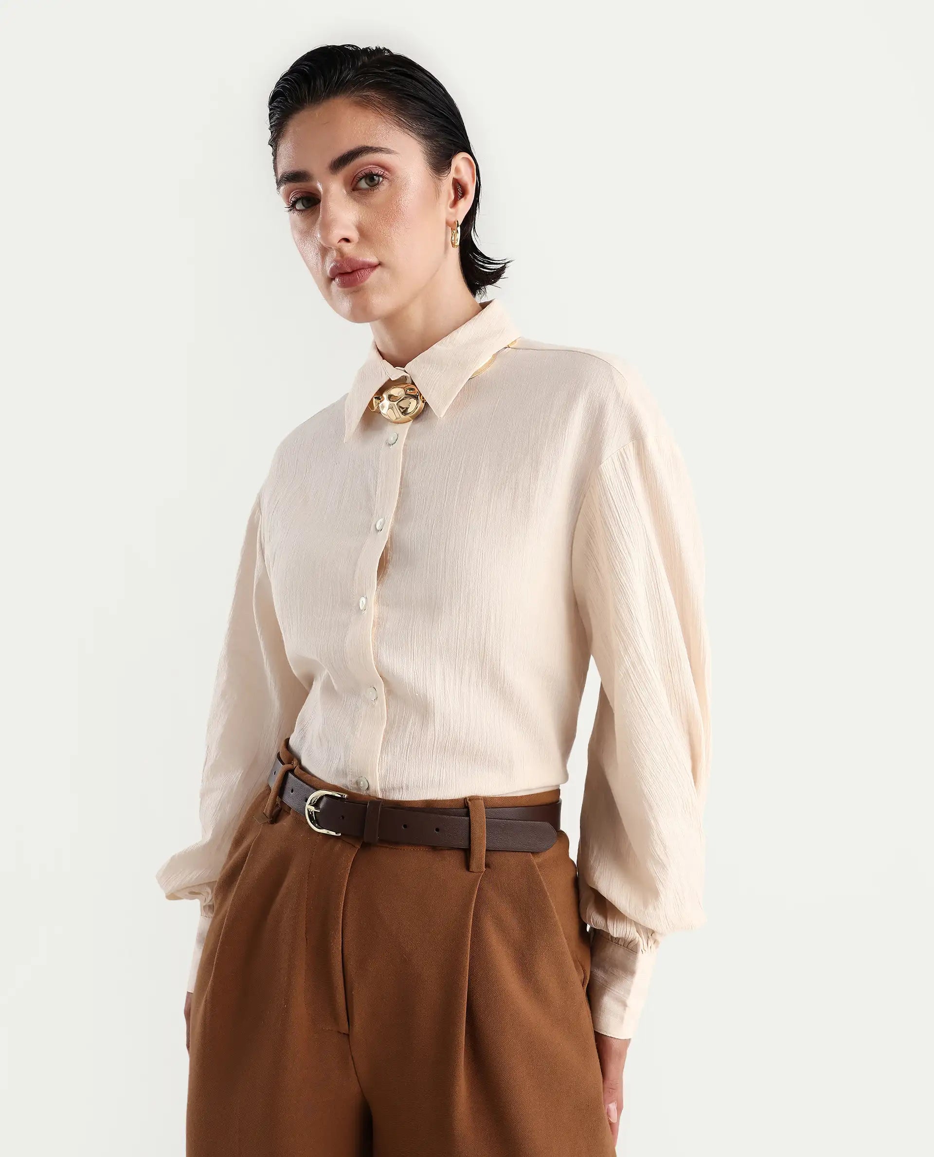 Rareism Women's Molfetta Light Off White Cotton Blend Drop Collar Plain Bishop Sleeve Regular Fit Shirt