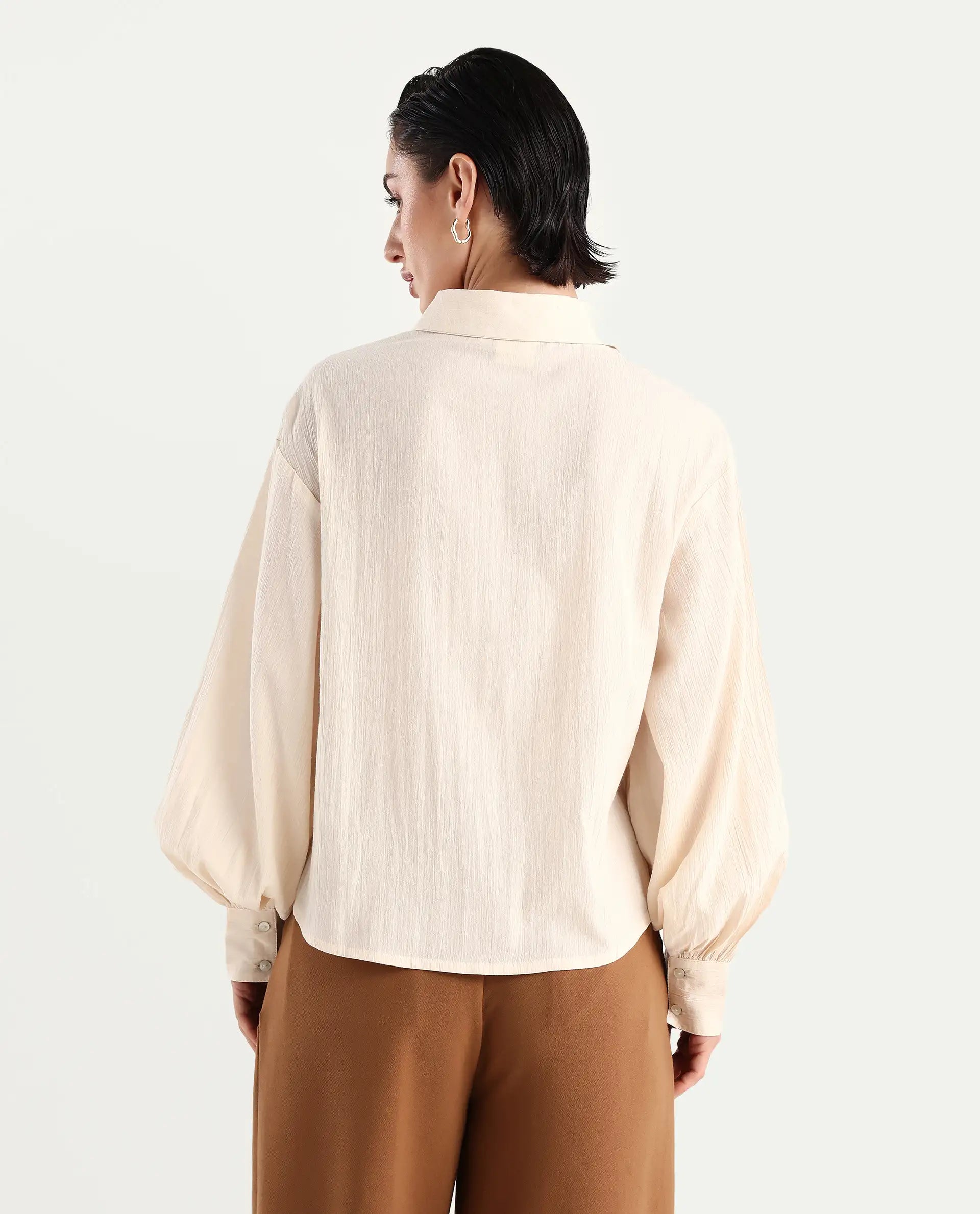 Rareism Women's Molfetta Light Off White Cotton Blend Drop Collar Plain Bishop Sleeve Regular Fit Shirt