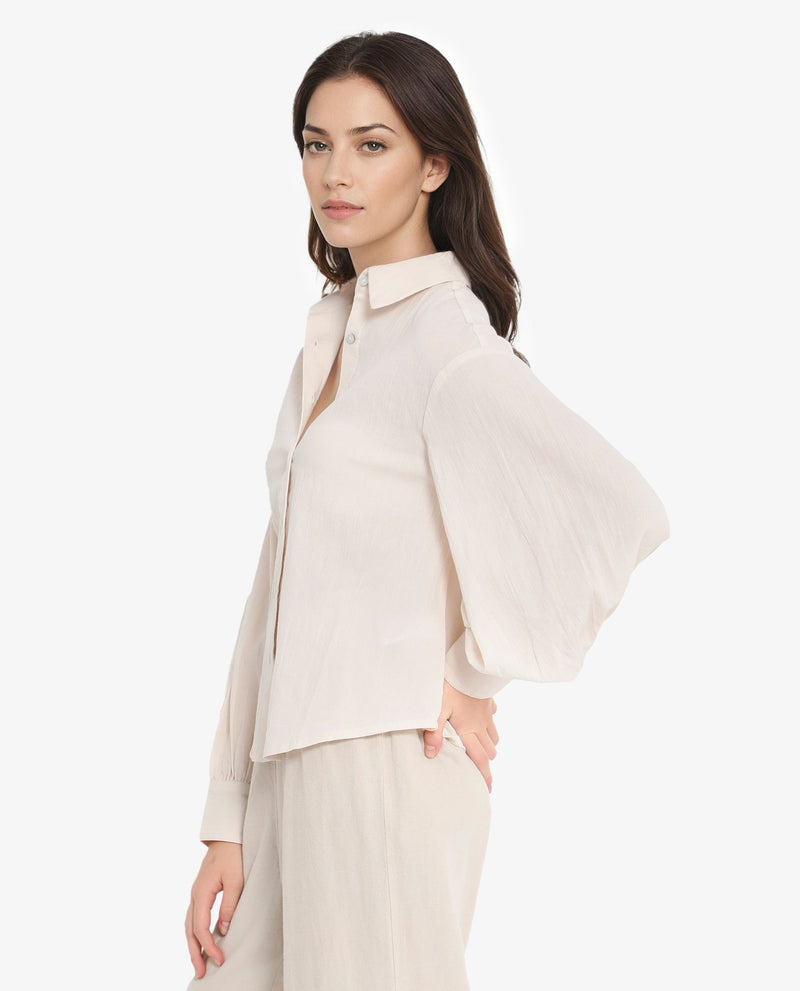 Rareism Women Molfetta Light Off White Bishop Sleeve Collared Neck Plain Shirt